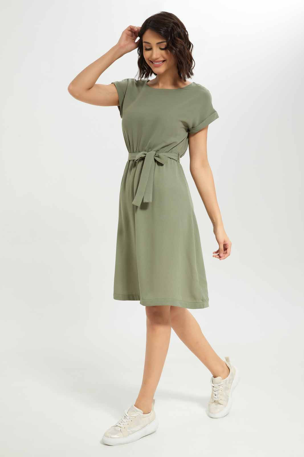 Redtag-Women-Short-Sleeve-Belted-Midi-Dress-Category:Dresses,-Colour:Green,-Deals:New-In,-Dept:Ladieswear,-Filter:Women's-Clothing,-New-In-Women-APL,-Non-Sale,-S23A,-Section:Women,-Women-Dresses-Women's-