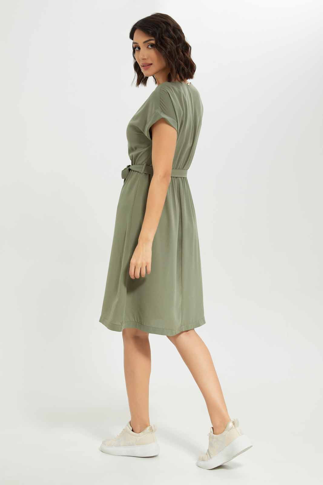 Redtag-Women-Short-Sleeve-Belted-Midi-Dress-Category:Dresses,-Colour:Green,-Deals:New-In,-Dept:Ladieswear,-Filter:Women's-Clothing,-New-In-Women-APL,-Non-Sale,-S23A,-Section:Women,-Women-Dresses-Women's-
