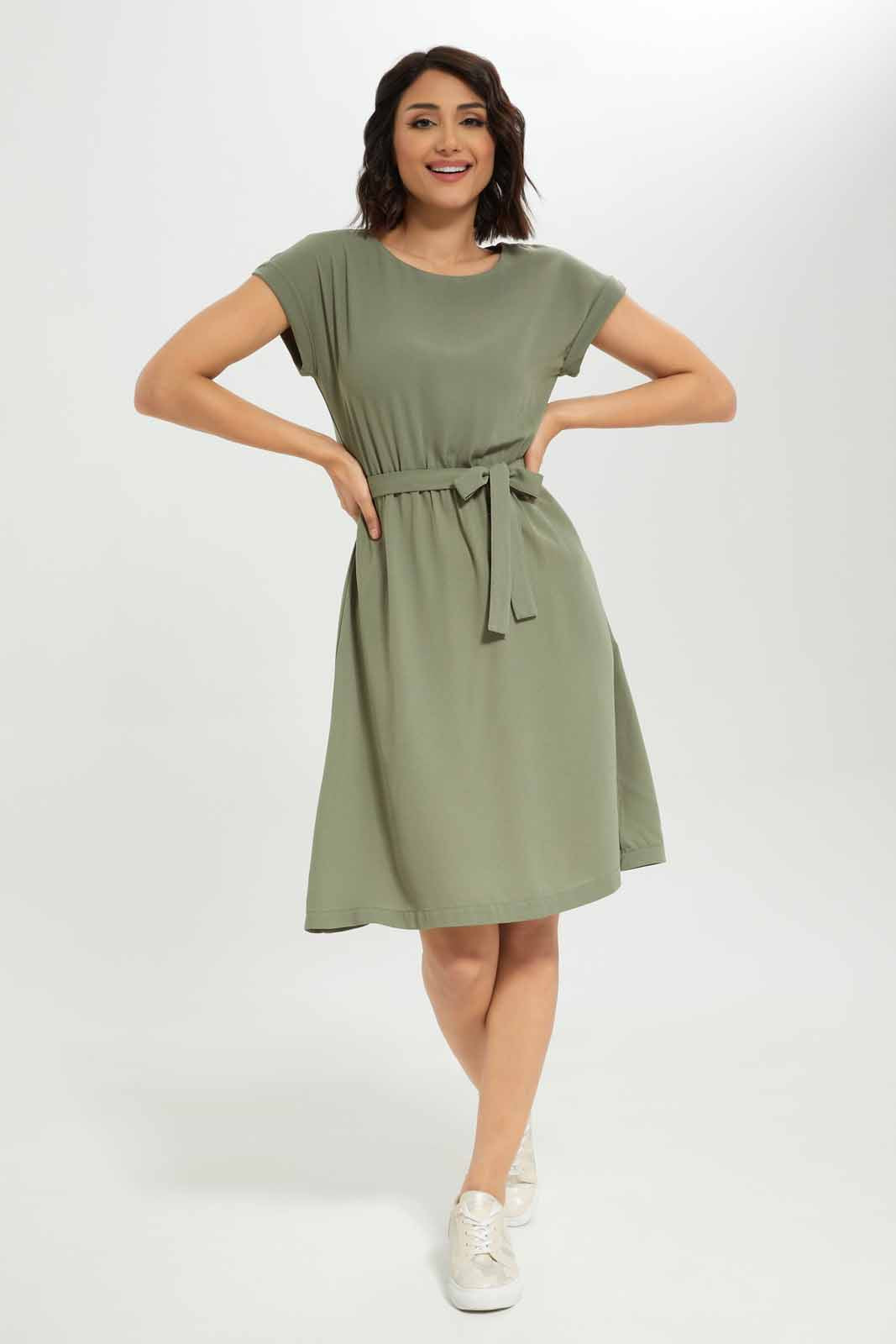 Redtag-Women-Short-Sleeve-Belted-Midi-Dress-Category:Dresses,-Colour:Green,-Deals:New-In,-Dept:Ladieswear,-Filter:Women's-Clothing,-New-In-Women-APL,-Non-Sale,-S23A,-Section:Women,-Women-Dresses-Women's-