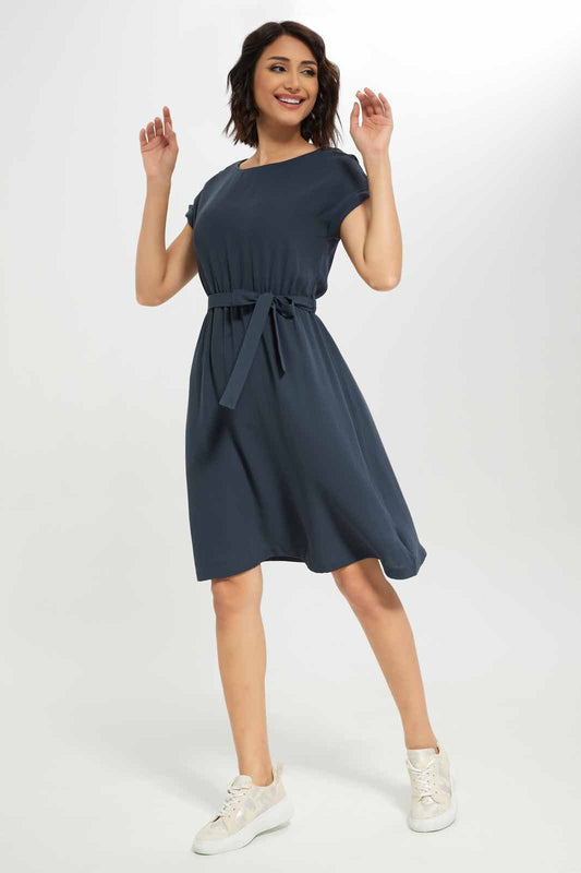 Redtag-Women-Short-Sleeve-Belted-Midi-Dress-Category:Dresses,-Colour:Navy,-Deals:New-In,-Dept:Ladieswear,-Filter:Women's-Clothing,-New-In-Women-APL,-Non-Sale,-S23A,-Section:Women,-Women-Dresses-Women's-