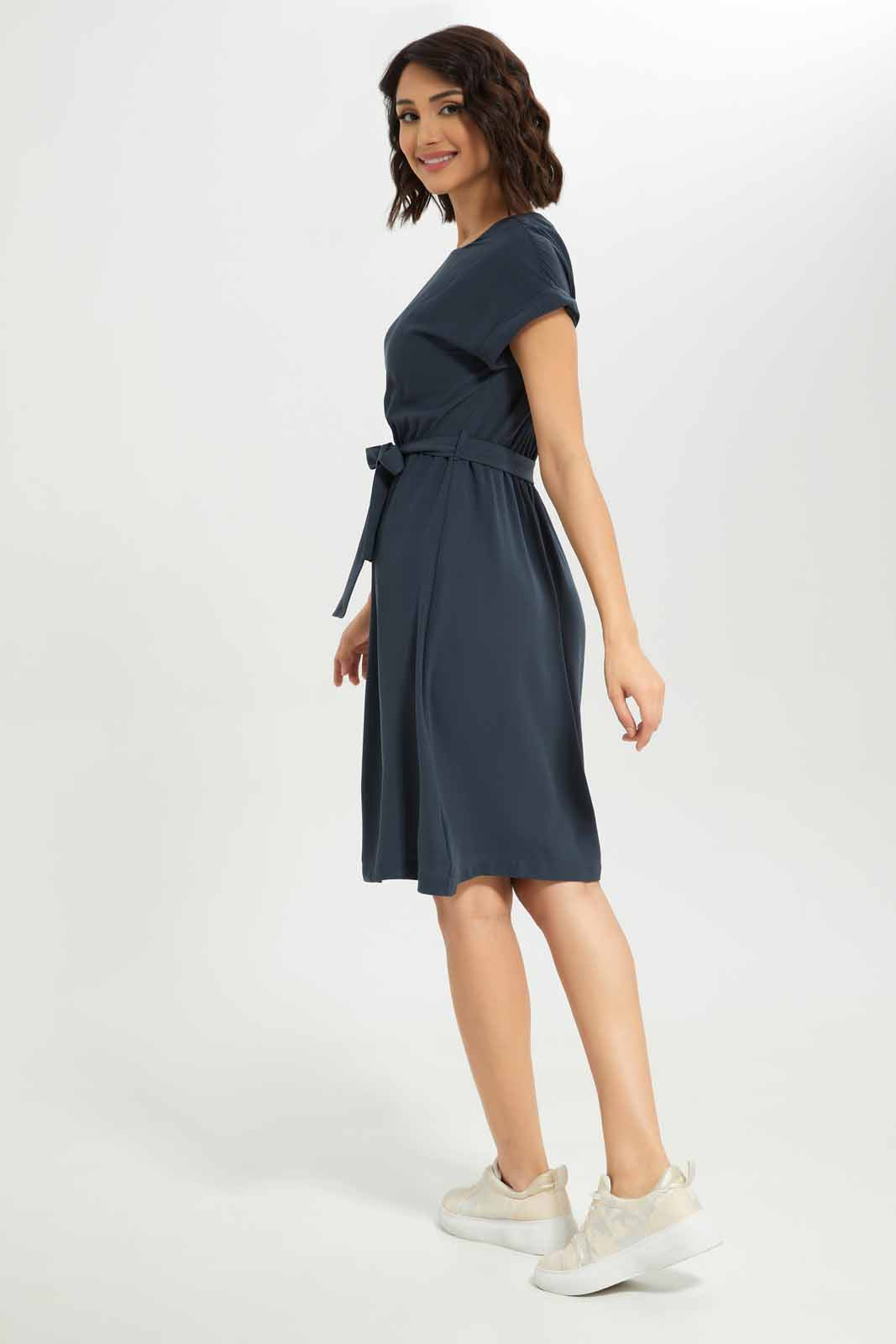 Redtag-Women-Short-Sleeve-Belted-Midi-Dress-Category:Dresses,-Colour:Navy,-Deals:New-In,-Dept:Ladieswear,-Filter:Women's-Clothing,-New-In-Women-APL,-Non-Sale,-S23A,-Section:Women,-Women-Dresses-Women's-