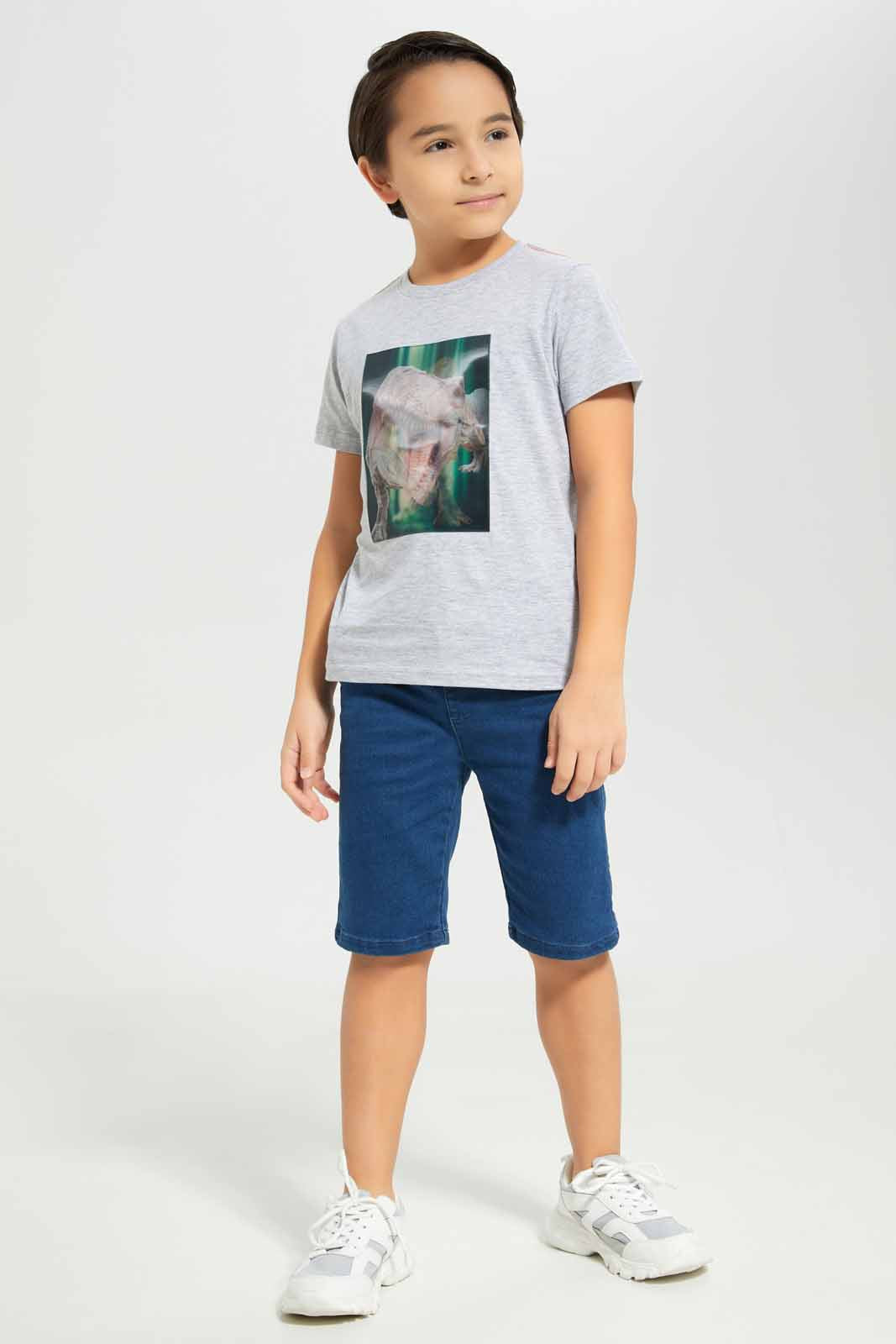 Redtag-Boys-Grey-Dino-Lenticular-T-Shirt-With-Kint-Denim-Shorts-BOY-Sets,-Category:Sets,-Colour:Grey,-Deals:New-In,-Dept:Boys,-Filter:Boys-(2-to-8-Yrs),-New-In-BOY-APL,-Non-Sale,-S23A,-Section:Boys-(0-to-14Yrs)-Boys-2 to 8 Years