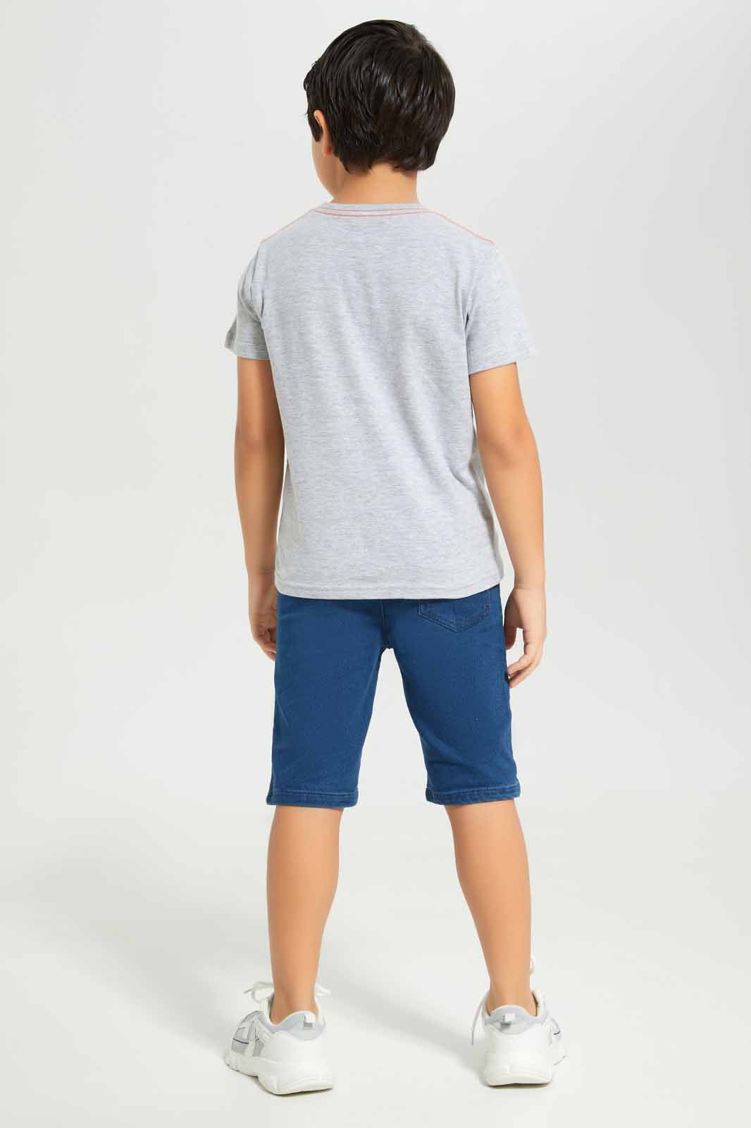 Redtag-Boys-Grey-Dino-Lenticular-T-Shirt-With-Kint-Denim-Shorts-BOY-Sets,-Category:Sets,-Colour:Grey,-Deals:New-In,-Dept:Boys,-Filter:Boys-(2-to-8-Yrs),-New-In-BOY-APL,-Non-Sale,-S23A,-Section:Boys-(0-to-14Yrs)-Boys-2 to 8 Years