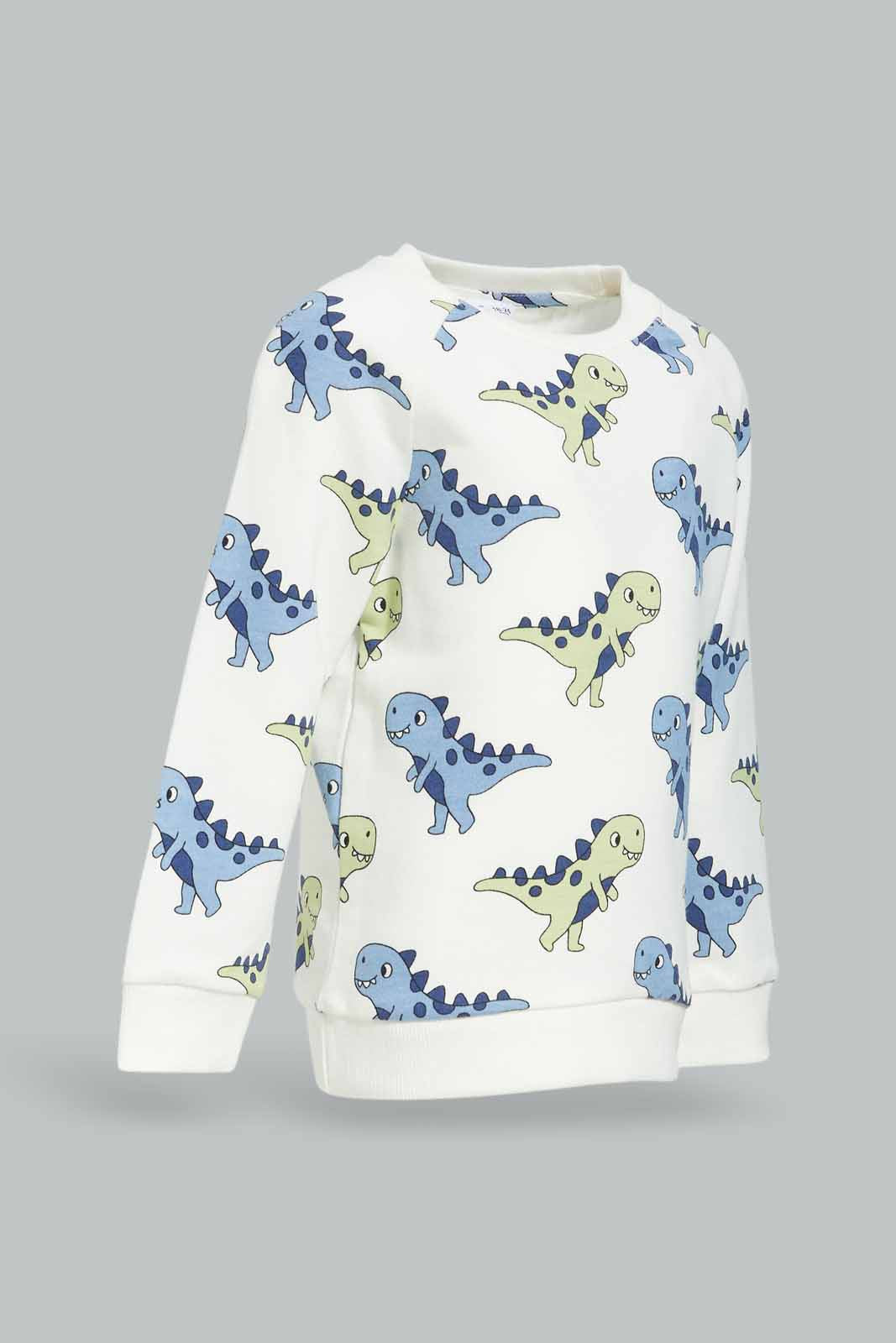 Redtag-Boys-Cream-Top-With-Green-Bottom-Dino-Aop-Crew-Jogging-Suit-Category:Jog-Sets,-Colour:Cream,-Deals:New-In,-Dept:Boys,-Filter:Infant-Boys-(3-to-24-Mths),-INB-Jog-Sets,-New-In-INB-APL,-Non-Sale,-S23A,-Section:Boys-(0-to-14Yrs)-Infant-Boys-3 to 24 Months