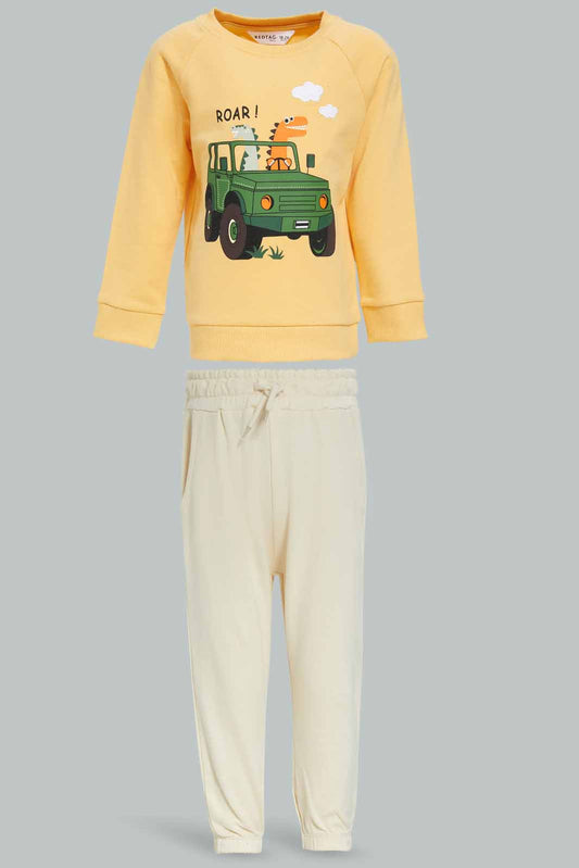 Redtag-Boys-Mustard-Car-Crew-Top-With-White-Bottom-Joggign-Suit-Category:Jog-Sets,-Colour:Mustard,-Deals:New-In,-Dept:Boys,-Filter:Infant-Boys-(3-to-24-Mths),-INB-Jog-Sets,-New-In-INB-APL,-Non-Sale,-S23A,-Section:Boys-(0-to-14Yrs)-Infant-Boys-3 to 24 Months