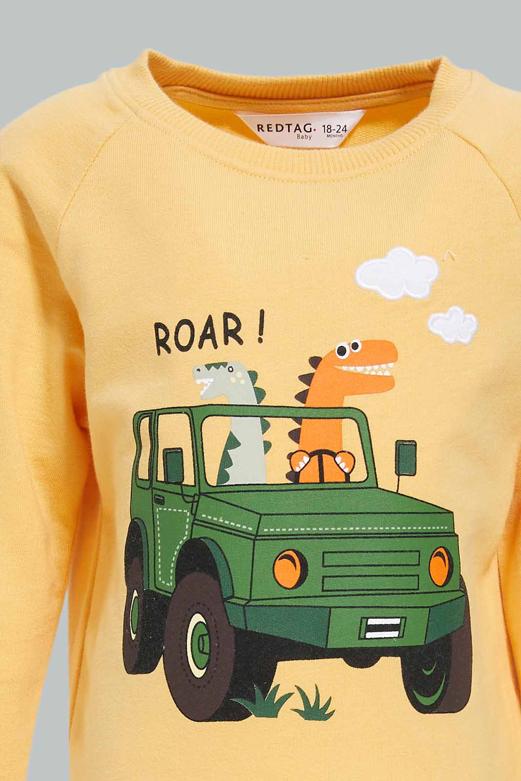 Redtag-Boys-Mustard-Car-Crew-Top-With-White-Bottom-Joggign-Suit-Category:Jog-Sets,-Colour:Mustard,-Deals:New-In,-Dept:Boys,-Filter:Infant-Boys-(3-to-24-Mths),-INB-Jog-Sets,-New-In-INB-APL,-Non-Sale,-S23A,-Section:Boys-(0-to-14Yrs)-Infant-Boys-3 to 24 Months