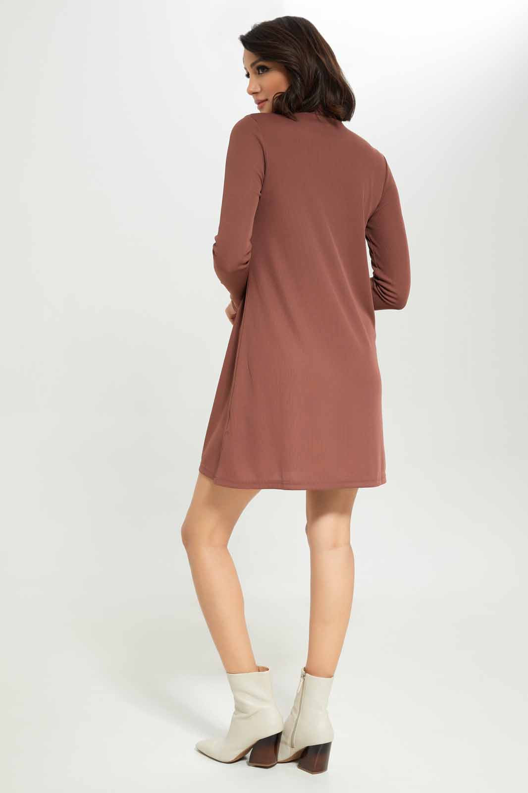 Redtag-Women-Rust-Rib-Swing-Dress-Category:Dresses,-Colour:Brown,-Deals:New-In,-Dept:Ladieswear,-Filter:Women's-Clothing,-New-In-Women-APL,-Non-Sale,-S23A,-Section:Women,-Women-Dresses-Women's-