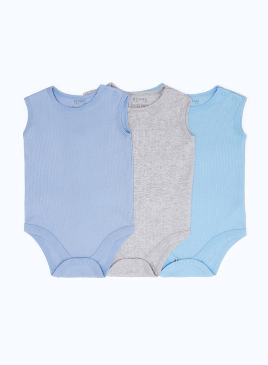 Redtag-Assorted-3-Pack-Rib-Vest-Bodysuit-Category:Bodysuits,-Colour:Blue,-Deals:New-In,-Dept:New-Born,-Filter:Baby-(0-to-12-Mths),-H1:KWR,-H2:NBF,-H3:RMS,-H4:BSS,-NBF-Bodysuits,-New-In-NBF-APL,-Non-Sale,-S23A,-Season:S23B,-Section:Boys-(0-to-14Yrs)-Baby-0 to 12 Months