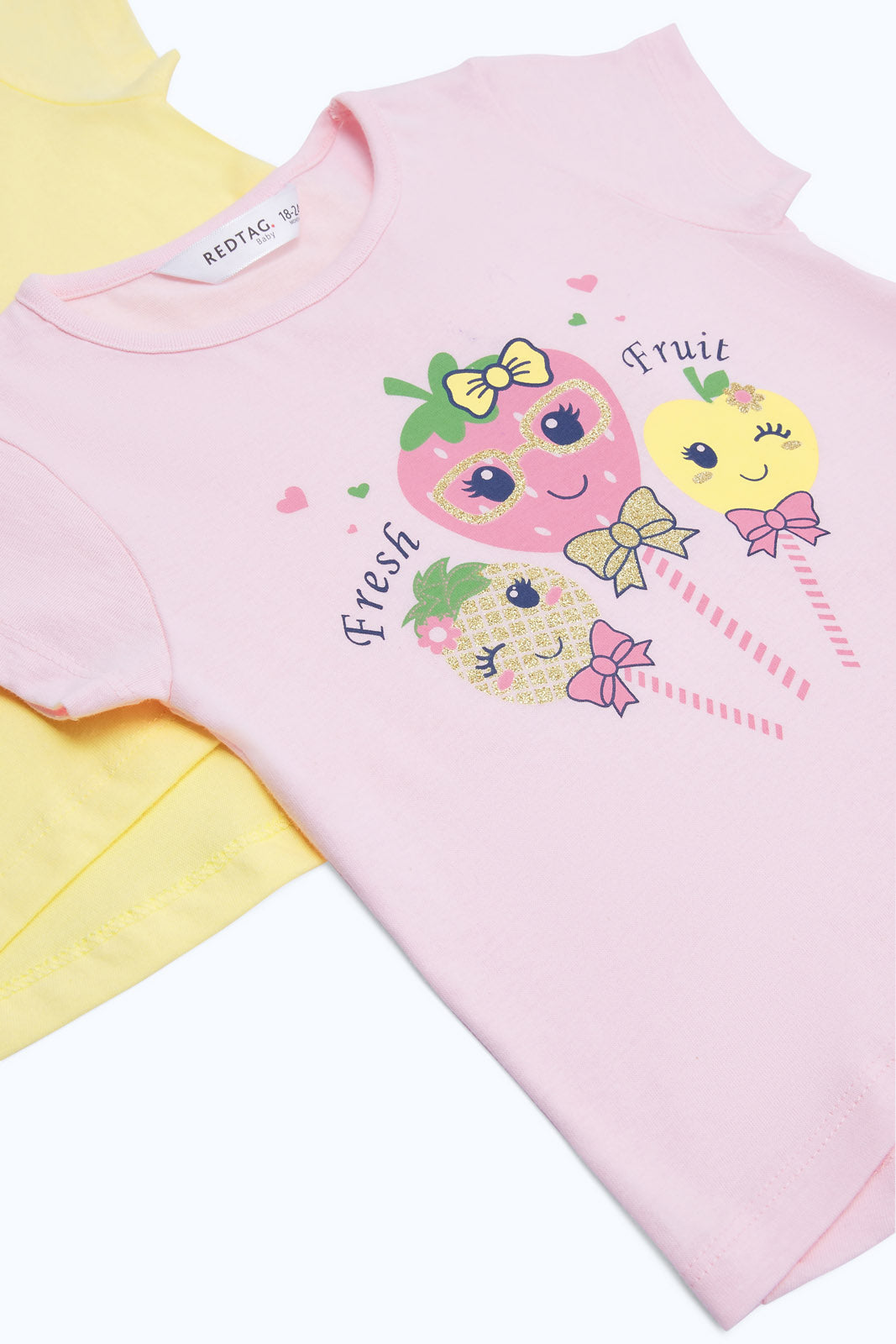 Redtag-Girls-Yellow-&-Pink-2-Pack-T-Shirts-Category:T-Shirts,-Colour:Assorted,-Deals:2-FOR-37,-Deals:New-In,-Dept:Girls,-Filter:Infant-Girls-(3-to-24-Mths),-H1:KWR,-H2:ING,-H3:TSH,-H4:CAT,-ING-T-Shirts,-New-In-ING-APL,-Non-Sale,-S23B,-Season:S23B,-Section:Girls-(0-to-14Yrs)-Infant-Girls-3 to 24 Months