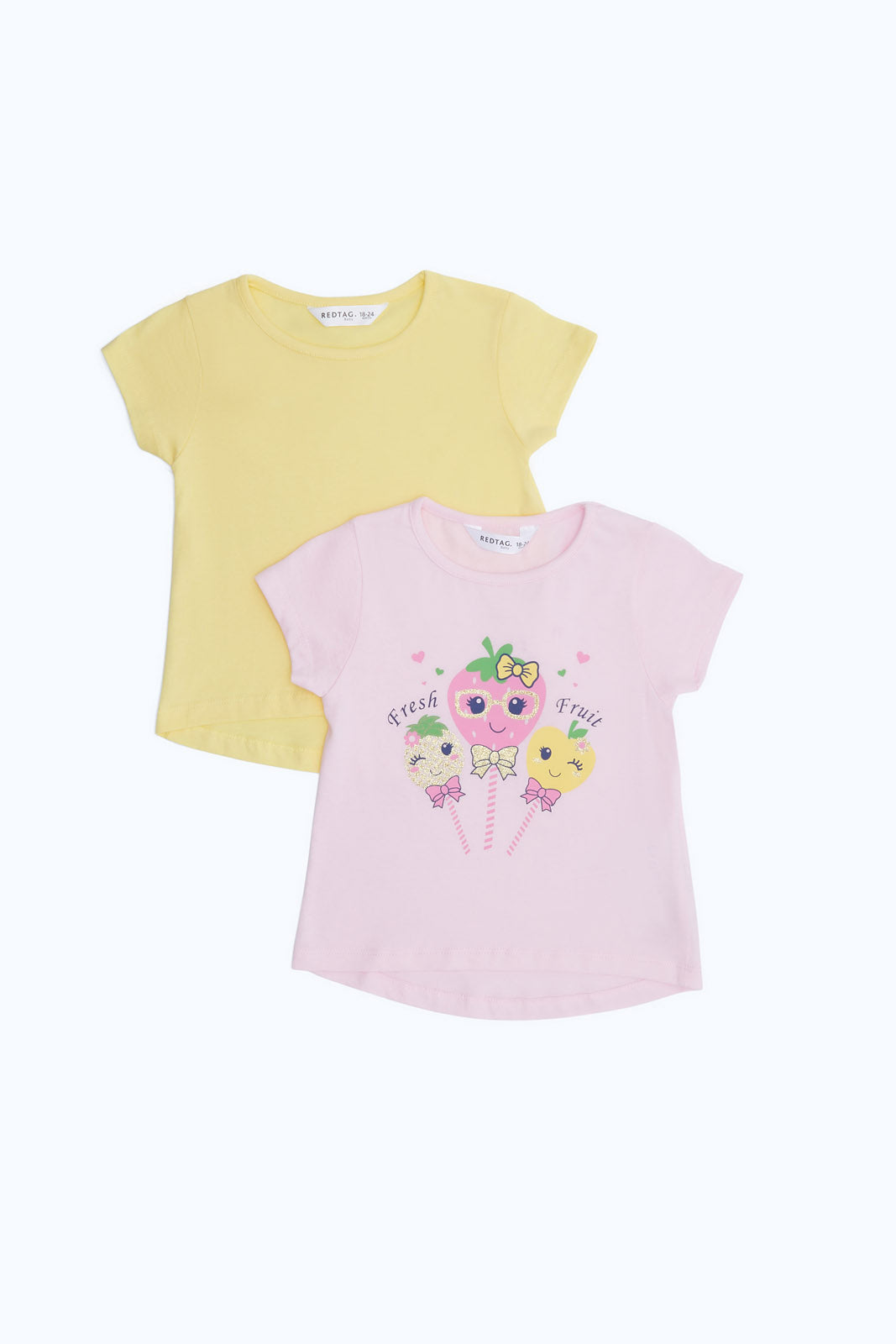 Redtag-Girls-Yellow-&-Pink-2-Pack-T-Shirts-Category:T-Shirts,-Colour:Assorted,-Deals:2-FOR-37,-Deals:New-In,-Dept:Girls,-Filter:Infant-Girls-(3-to-24-Mths),-H1:KWR,-H2:ING,-H3:TSH,-H4:CAT,-ING-T-Shirts,-New-In-ING-APL,-Non-Sale,-S23B,-Season:S23B,-Section:Girls-(0-to-14Yrs)-Infant-Girls-3 to 24 Months