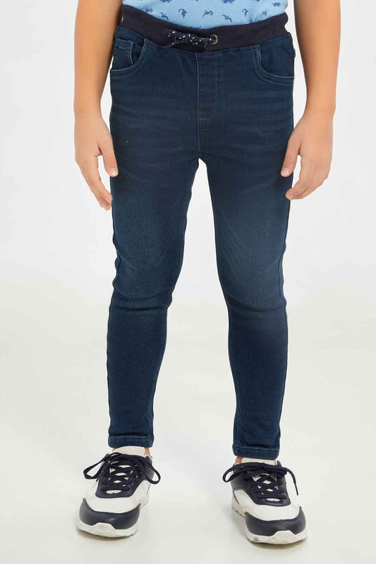 Redtag-Boys-Dark-Wash-Rib-Waist-Band-Knit-Denim-Pull-On-Jeans-BOY-Jeans,-Category:Jeans,-Colour:Blue,-Deals:New-In,-Dept:Boys,-Filter:Boys-(2-to-8-Yrs),-New-In-BOY-APL,-Non-Sale,-S23B,-Section:Boys-(0-to-14Yrs)-Boys-2 to 8 Years