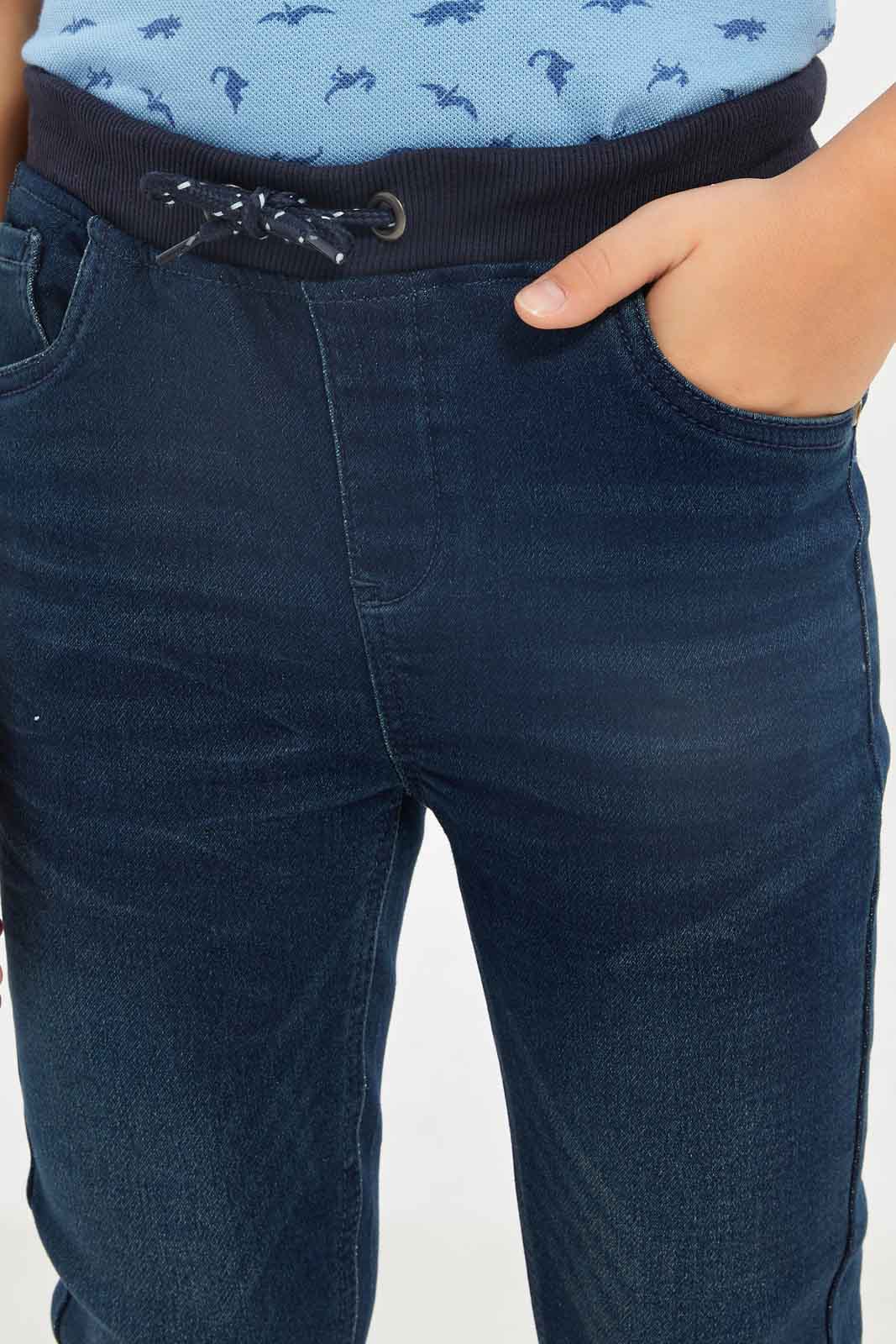 Redtag-Boys-Dark-Wash-Rib-Waist-Band-Knit-Denim-Pull-On-Jeans-BOY-Jeans,-Category:Jeans,-Colour:Blue,-Deals:New-In,-Dept:Boys,-Filter:Boys-(2-to-8-Yrs),-New-In-BOY-APL,-Non-Sale,-S23B,-Section:Boys-(0-to-14Yrs)-Boys-2 to 8 Years