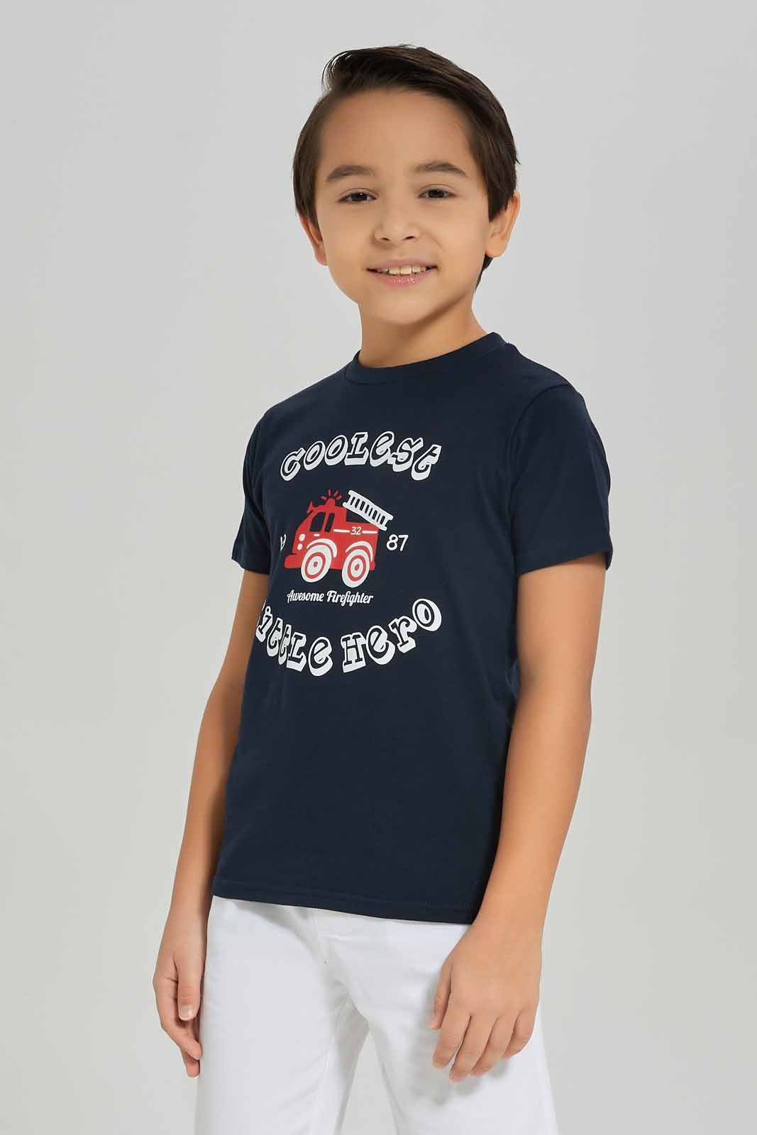 Redtag-Boys-Navy-Fire-Engine-Print-T-Shirt-And-Shorts-BOY-Sets,-Category:Sets,-Colour:Navy,-Deals:New-In,-Dept:Boys,-Filter:Boys-(2-to-8-Yrs),-New-In-BOY-APL,-Non-Sale,-S23A,-Section:Boys-(0-to-14Yrs)-Boys-2 to 8 Years