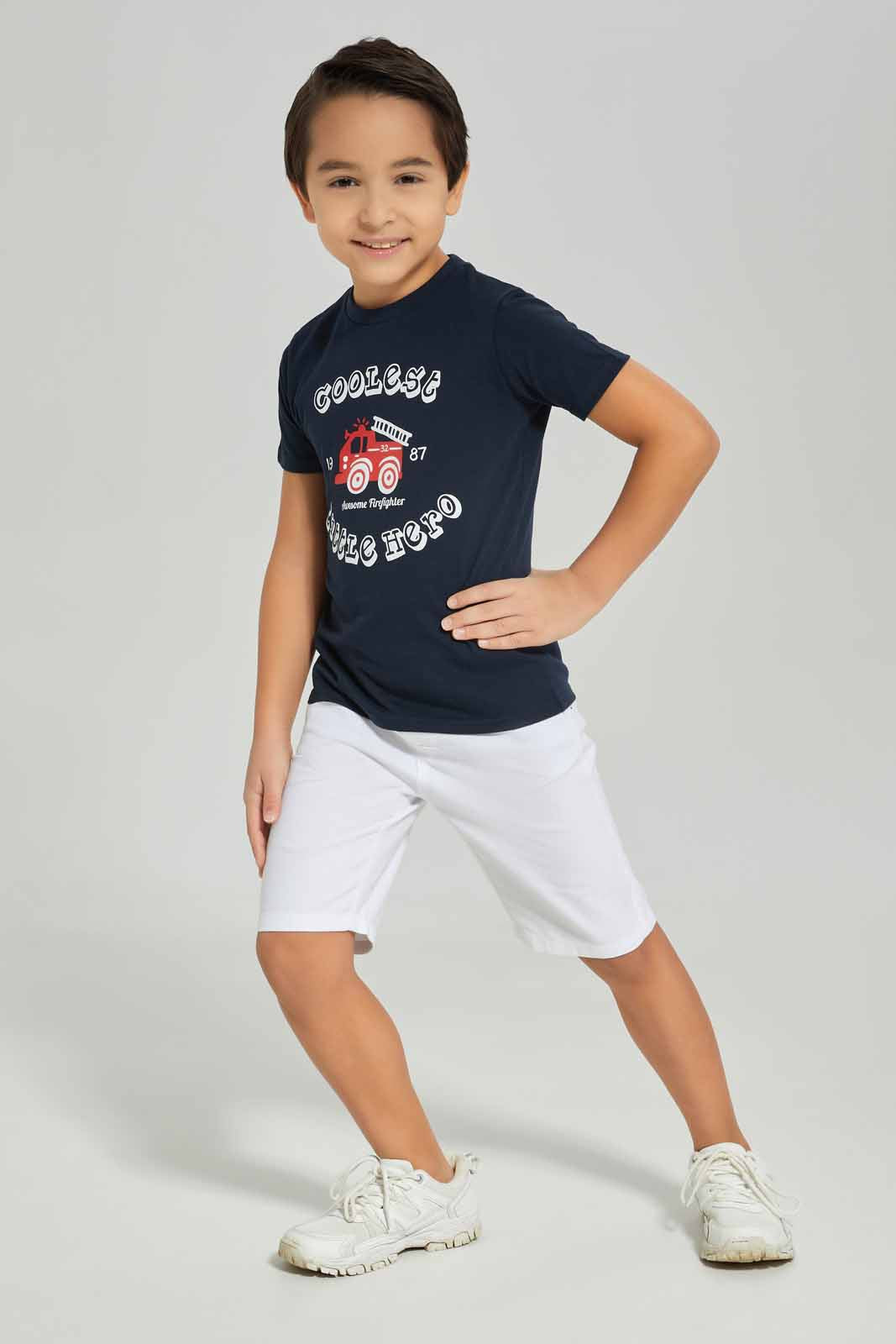Redtag-Boys-Navy-Fire-Engine-Print-T-Shirt-And-Shorts-BOY-Sets,-Category:Sets,-Colour:Navy,-Deals:New-In,-Dept:Boys,-Filter:Boys-(2-to-8-Yrs),-New-In-BOY-APL,-Non-Sale,-S23A,-Section:Boys-(0-to-14Yrs)-Boys-2 to 8 Years