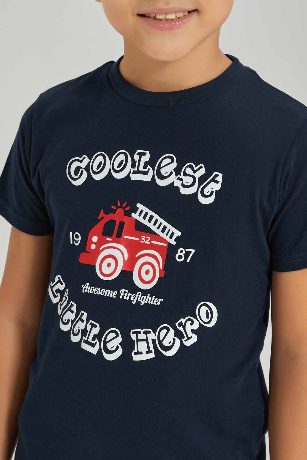 Redtag-Boys-Navy-Fire-Engine-Print-T-Shirt-And-Shorts-BOY-Sets,-Category:Sets,-Colour:Navy,-Deals:New-In,-Dept:Boys,-Filter:Boys-(2-to-8-Yrs),-New-In-BOY-APL,-Non-Sale,-S23A,-Section:Boys-(0-to-14Yrs)-Boys-2 to 8 Years