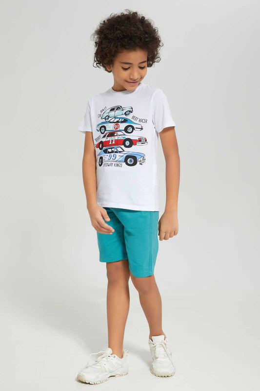 Redtag-Boys-White-Car-Print-T-Shirt-With-Woven-Shorts-BOY-Sets,-Category:Sets,-Colour:White,-Deals:New-In,-Dept:Boys,-Filter:Boys-(2-to-8-Yrs),-New-In-BOY-APL,-Non-Sale,-S23B,-Section:Boys-(0-to-14Yrs)-Boys-2 to 8 Years