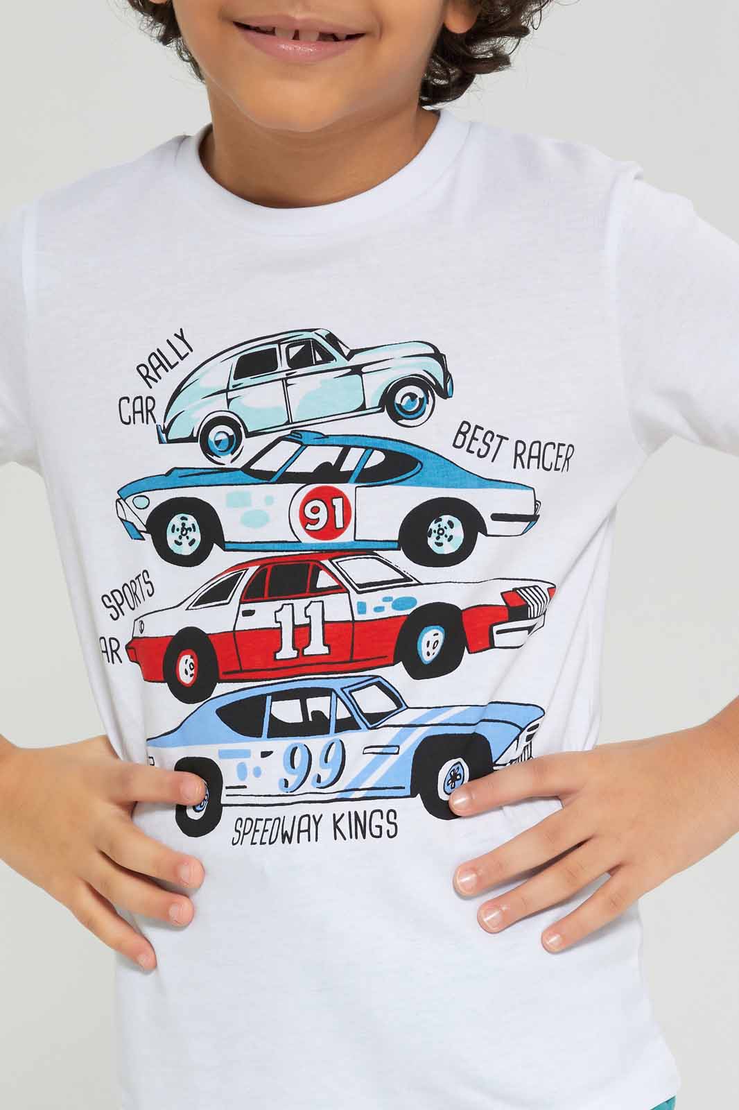 Redtag-Boys-White-Car-Print-T-Shirt-With-Woven-Shorts-BOY-Sets,-Category:Sets,-Colour:White,-Deals:New-In,-Dept:Boys,-Filter:Boys-(2-to-8-Yrs),-New-In-BOY-APL,-Non-Sale,-S23B,-Section:Boys-(0-to-14Yrs)-Boys-2 to 8 Years