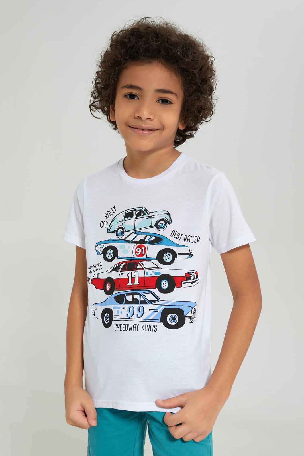 Redtag-Boys-White-Car-Print-T-Shirt-With-Woven-Shorts-BOY-Sets,-Category:Sets,-Colour:White,-Deals:New-In,-Dept:Boys,-Filter:Boys-(2-to-8-Yrs),-New-In-BOY-APL,-Non-Sale,-S23B,-Section:Boys-(0-to-14Yrs)-Boys-2 to 8 Years