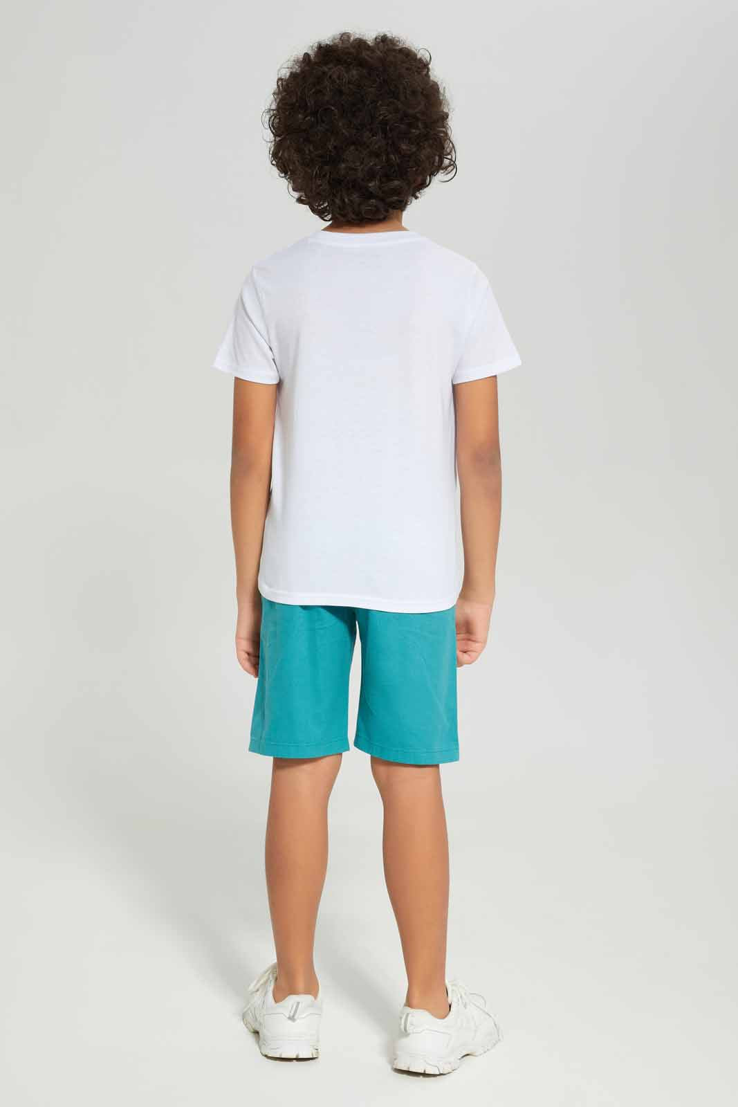 Redtag-Boys-White-Car-Print-T-Shirt-With-Woven-Shorts-BOY-Sets,-Category:Sets,-Colour:White,-Deals:New-In,-Dept:Boys,-Filter:Boys-(2-to-8-Yrs),-New-In-BOY-APL,-Non-Sale,-S23B,-Section:Boys-(0-to-14Yrs)-Boys-2 to 8 Years