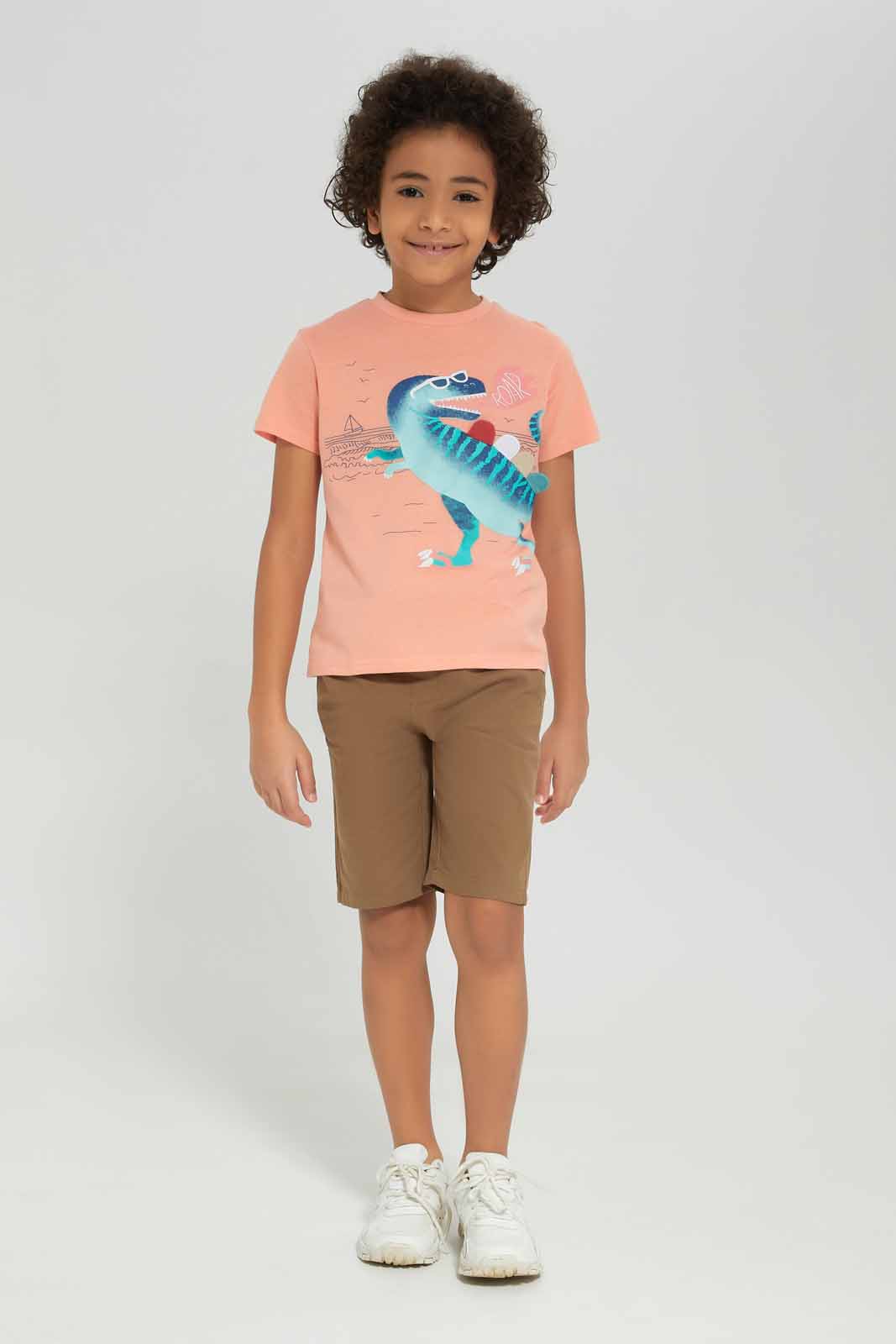 Redtag-Boys-Peach-Dino-Print-With-Spikes-With-Woven-Shorts-BOY-Sets,-Category:Sets,-Colour:Apricot,-Deals:New-In,-Dept:Boys,-Filter:Boys-(2-to-8-Yrs),-New-In-BOY-APL,-Non-Sale,-S23B,-Section:Boys-(0-to-14Yrs)-Boys-2 to 8 Years