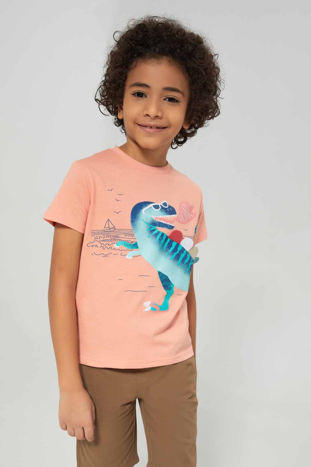 Redtag-Boys-Peach-Dino-Print-With-Spikes-With-Woven-Shorts-BOY-Sets,-Category:Sets,-Colour:Apricot,-Deals:New-In,-Dept:Boys,-Filter:Boys-(2-to-8-Yrs),-New-In-BOY-APL,-Non-Sale,-S23B,-Section:Boys-(0-to-14Yrs)-Boys-2 to 8 Years