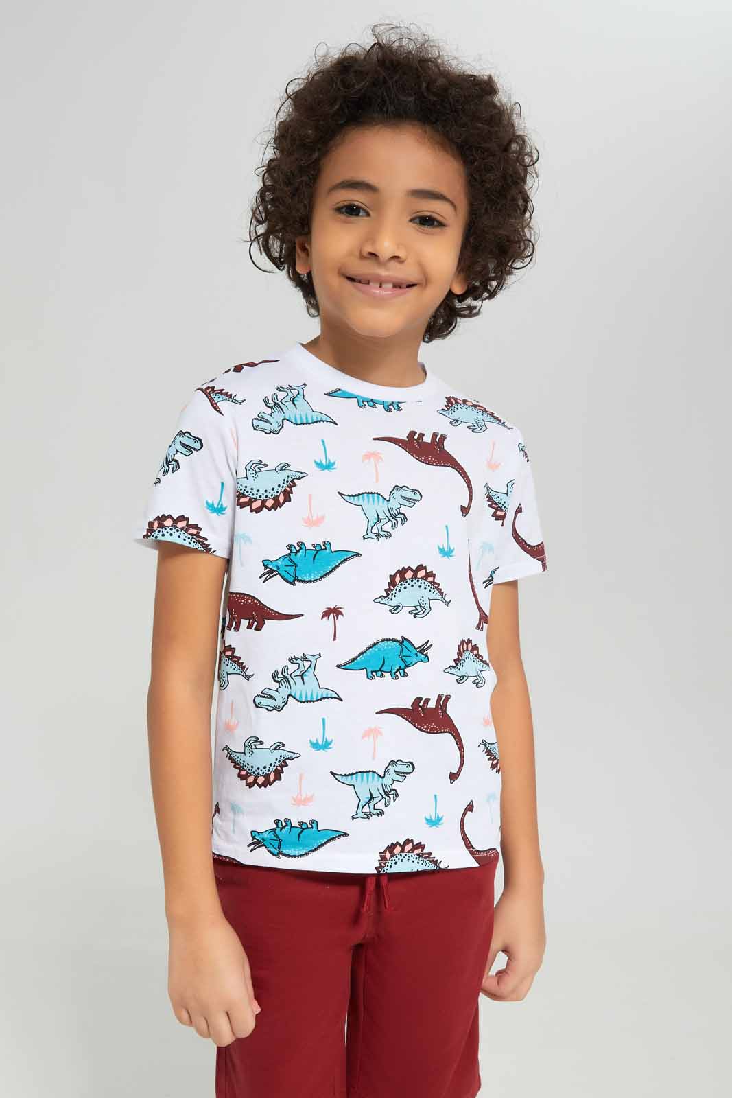 Redtag-Boys-White-Aop-Dino-With-Twill-Shorts-BOY-Sets,-Category:Sets,-Colour:White,-Deals:New-In,-Dept:Boys,-Filter:Boys-(2-to-8-Yrs),-New-In-BOY-APL,-Non-Sale,-S23B,-Section:Boys-(0-to-14Yrs)-Boys-2 to 8 Years