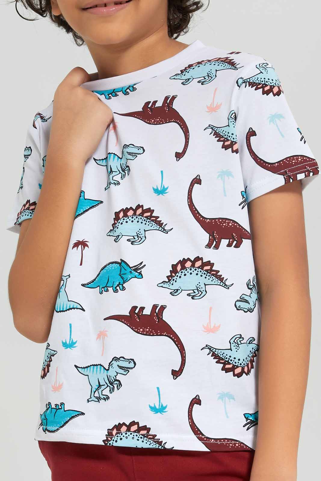 Redtag-Boys-White-Aop-Dino-With-Twill-Shorts-BOY-Sets,-Category:Sets,-Colour:White,-Deals:New-In,-Dept:Boys,-Filter:Boys-(2-to-8-Yrs),-New-In-BOY-APL,-Non-Sale,-S23B,-Section:Boys-(0-to-14Yrs)-Boys-2 to 8 Years