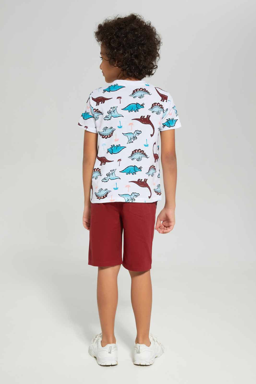 Redtag-Boys-White-Aop-Dino-With-Twill-Shorts-BOY-Sets,-Category:Sets,-Colour:White,-Deals:New-In,-Dept:Boys,-Filter:Boys-(2-to-8-Yrs),-New-In-BOY-APL,-Non-Sale,-S23B,-Section:Boys-(0-to-14Yrs)-Boys-2 to 8 Years