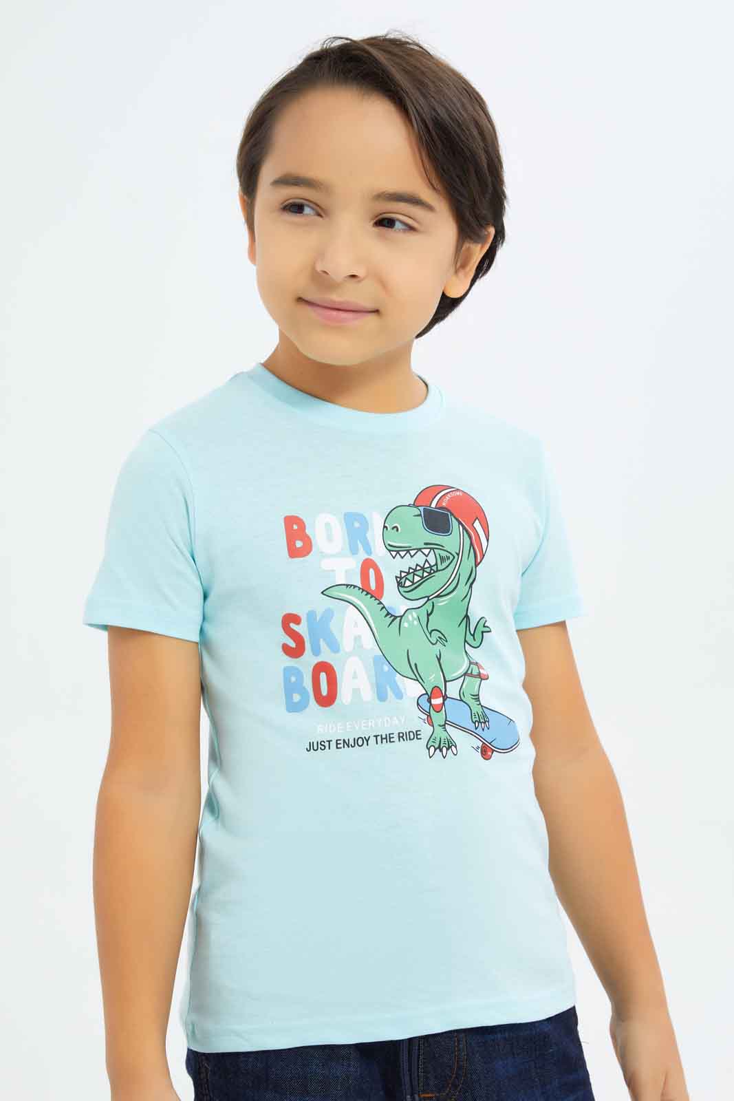 Redtag-Boys-Blue-Dinosaur-T-Shirt-With-Denim-Shorts-BOY-Sets,-Category:Sets,-Colour:Blue,-Deals:New-In,-Dept:Boys,-Filter:Boys-(2-to-8-Yrs),-New-In-BOY-APL,-Non-Sale,-S23B,-Section:Boys-(0-to-14Yrs)-Boys-2 to 8 Years
