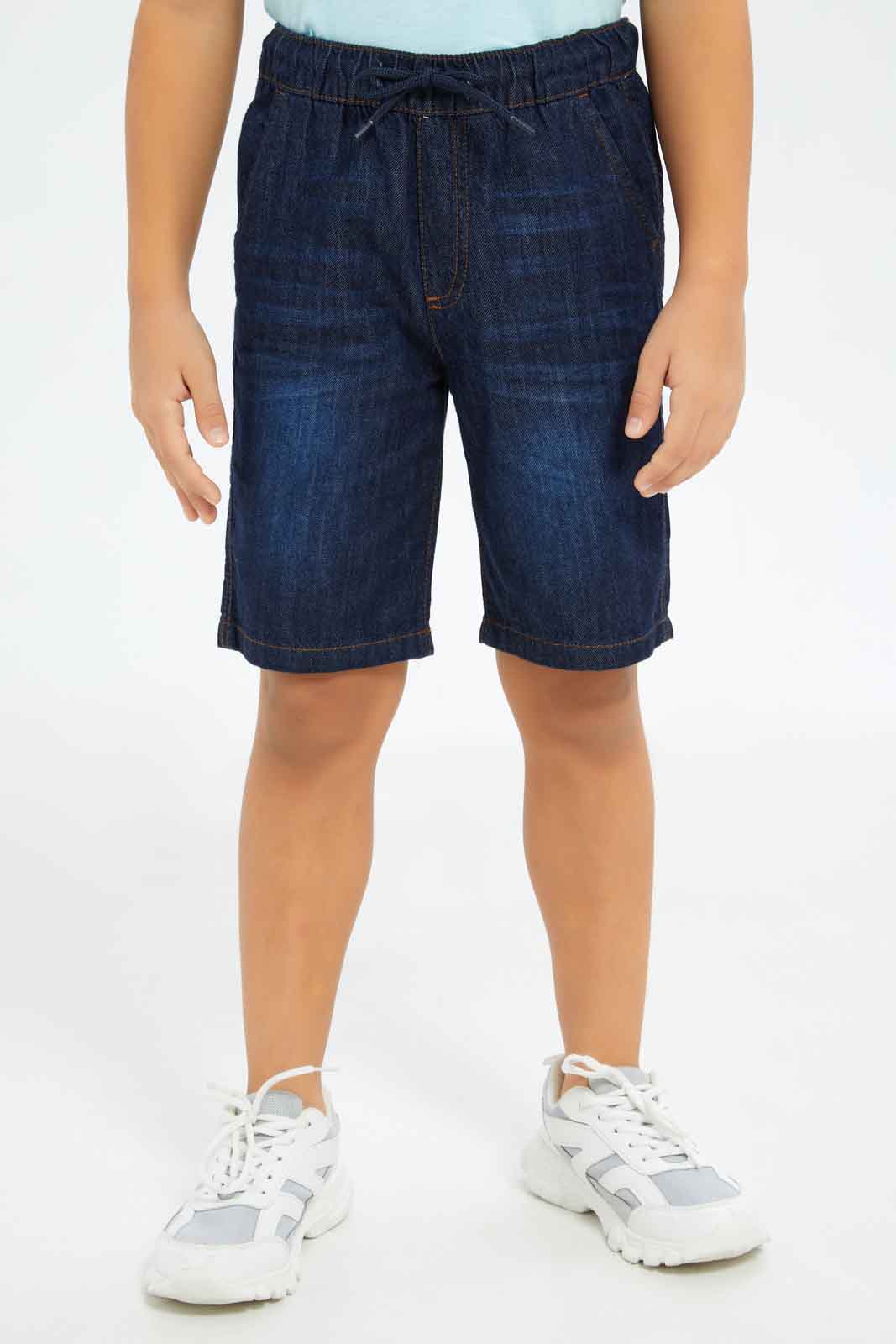 Redtag-Boys-Blue-Dinosaur-T-Shirt-With-Denim-Shorts-BOY-Sets,-Category:Sets,-Colour:Blue,-Deals:New-In,-Dept:Boys,-Filter:Boys-(2-to-8-Yrs),-New-In-BOY-APL,-Non-Sale,-S23B,-Section:Boys-(0-to-14Yrs)-Boys-2 to 8 Years