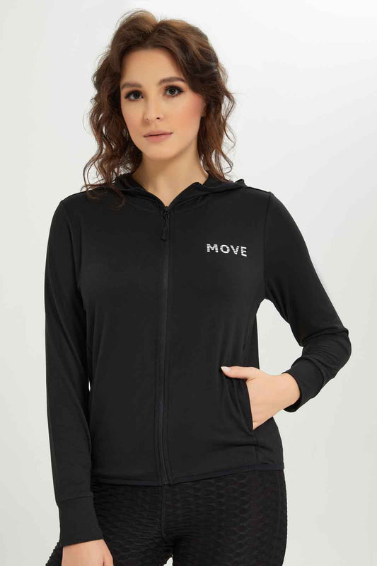 Redtag-Women-Black-Hoodie-Zipthrough-Sweatshirt-With-Sleeve-Binding-Category:Sweatshirts,-Colour:Black,-Deals:New-In,-Dept:Ladieswear,-Filter:Women's-Clothing,-New-In-Women-APL,-Non-Sale,-S23A,-Section:Women,-Women-Sweatshirts-Women's-