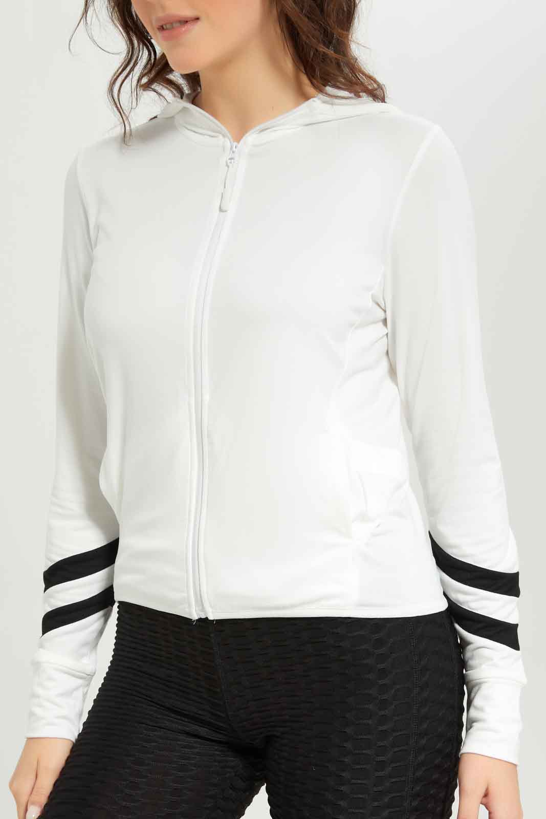 Redtag-Women-White-Hoodie-Zipthrough-Sweatshirt-With-Sleeve-Binding-Category:Sweatshirts,-Colour:White,-Deals:New-In,-Dept:Ladieswear,-Filter:Women's-Clothing,-New-In-Women-APL,-Non-Sale,-S23A,-Section:Women,-Women-Sweatshirts-Women's-