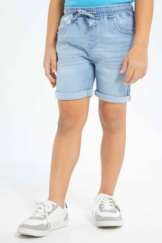 Redtag-Boys-Light-Wash-Knit-Denim-Elasticated-Waist-Shorts-BOY-Shorts,-Category:Shorts,-Colour:Light-Wash,-Deals:New-In,-Dept:Boys,-Filter:Boys-(2-to-8-Yrs),-New-In-BOY-APL,-Non-Sale,-S23B,-Section:Boys-(0-to-14Yrs)-Boys-2 to 8 Years