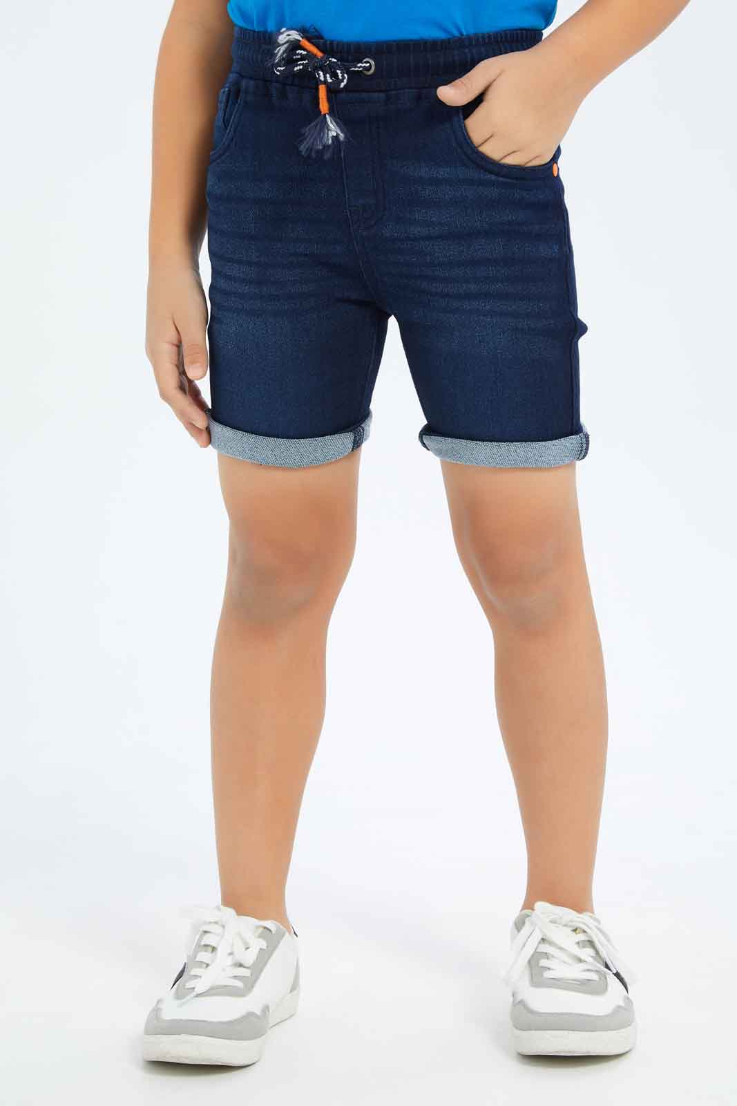 Redtag-Boys-Dark-Wash-Knit-Denim-Elasticated-Waist-Shorts-BOY-Shorts,-Category:Shorts,-Colour:Dark-Wash,-Deals:New-In,-Dept:Boys,-Filter:Boys-(2-to-8-Yrs),-New-In-BOY-APL,-Non-Sale,-S23B,-Section:Boys-(0-to-14Yrs)-Boys-2 to 8 Years