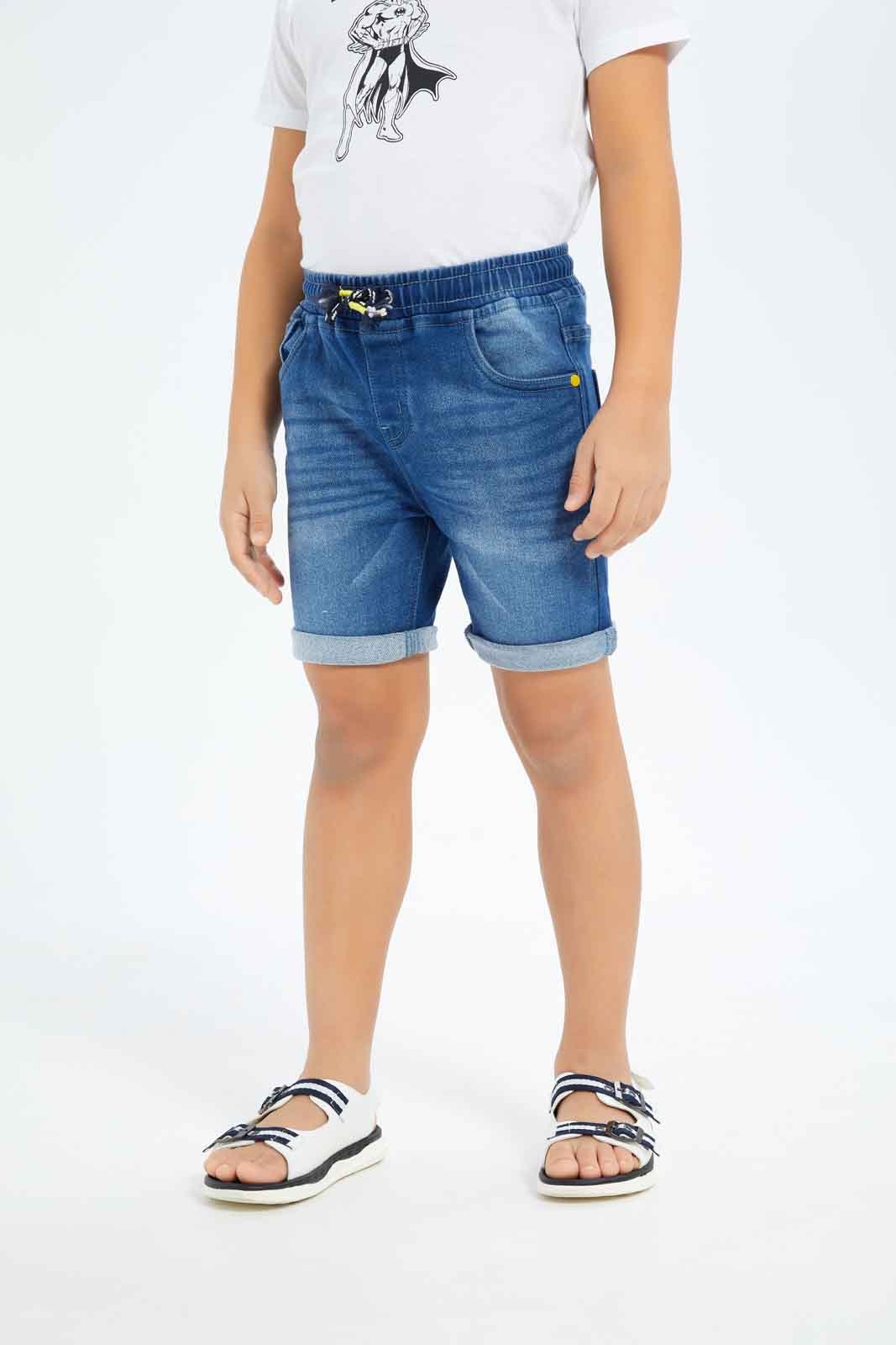 Redtag-Boys-Mid-Wash-Knit-Denim-Elasticated-Waist-Shorts-BOY-Shorts,-Category:Shorts,-Colour:Blue,-Deals:New-In,-Dept:Boys,-Filter:Boys-(2-to-8-Yrs),-New-In-BOY-APL,-Non-Sale,-S23B,-Section:Boys-(0-to-14Yrs)-Boys-2 to 8 Years