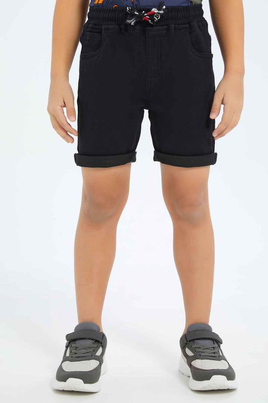 Redtag-Boys-Black-Knit-Denim-Elasticated-Waist-Shorts-BOY-Shorts,-Category:Shorts,-Colour:Blue,-Deals:New-In,-Dept:Boys,-Filter:Boys-(2-to-8-Yrs),-New-In-BOY-APL,-Non-Sale,-S23B,-Section:Boys-(0-to-14Yrs)-Boys-2 to 8 Years