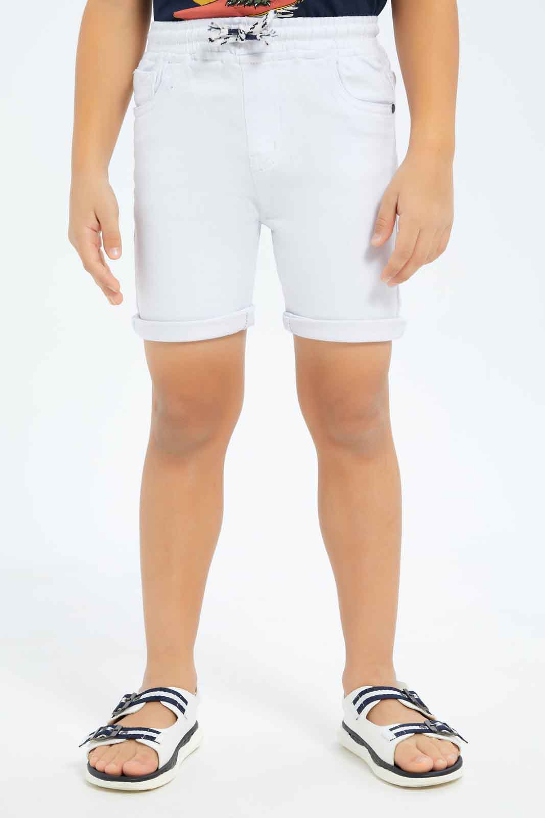 Redtag-Boys-White-Knit-Denim-Elasticated-Waist-Shorts-BOY-Shorts,-Category:Shorts,-Colour:Beige,-Deals:New-In,-Dept:Boys,-Filter:Boys-(2-to-8-Yrs),-New-In-BOY-APL,-Non-Sale,-S23B,-Section:Boys-(0-to-14Yrs)-Boys-2 to 8 Years