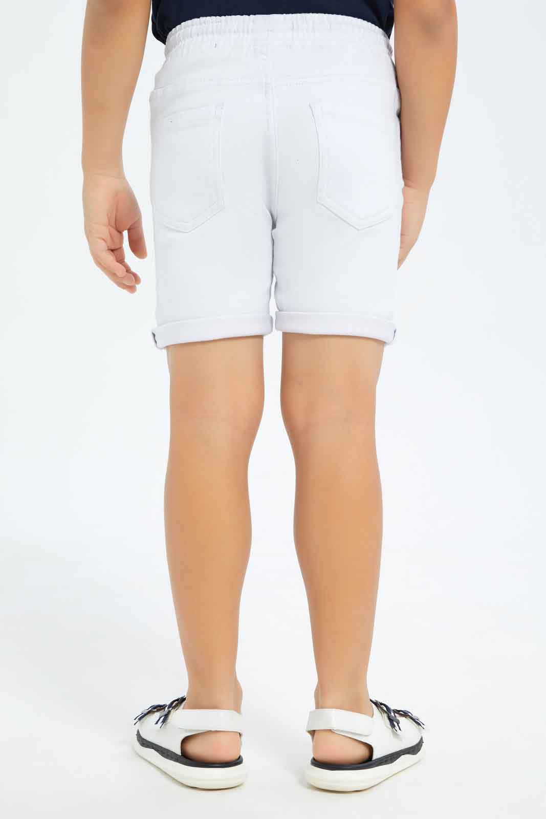 Redtag-Boys-White-Knit-Denim-Elasticated-Waist-Shorts-BOY-Shorts,-Category:Shorts,-Colour:Beige,-Deals:New-In,-Dept:Boys,-Filter:Boys-(2-to-8-Yrs),-New-In-BOY-APL,-Non-Sale,-S23B,-Section:Boys-(0-to-14Yrs)-Boys-2 to 8 Years