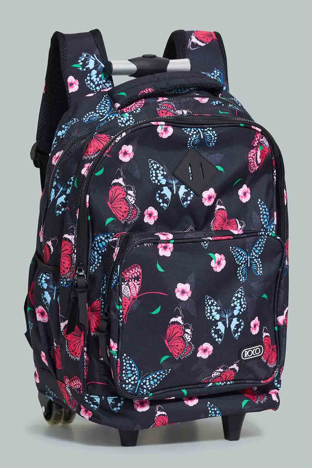 Redtag-Black/Pink-Floral-Print-Trolley-Bag-With-Pencil-Case-BOY-Trolley,-Category:Bags,-CHR,-Colour:Assorted,-Filter:Boys-Accessories,-New-In,-New-In-BOY-ACC,-Non-Sale,-Section:Boys-(0-to-14Yrs),-W22-Check-