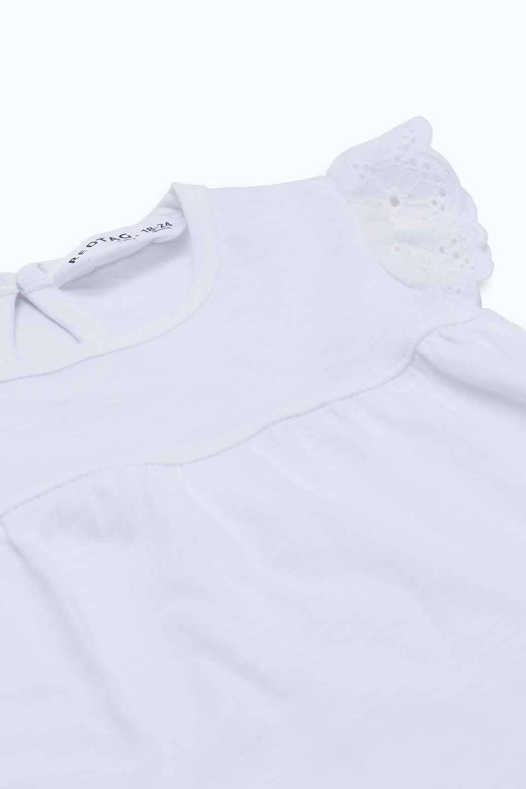 Redtag-Girls-White-Solid-Schifli-Frills-Sleeves-Blouse-Category:Blouses,-Colour:White,-Deals:New-In,-Dept:Girls,-Filter:Infant-Girls-(3-to-24-Mths),-ING-Blouses,-New-In-ING-APL,-Non-Sale,-S23B,-Section:Girls-(0-to-14Yrs),-VLM-Infant-Girls-3 to 24 Months