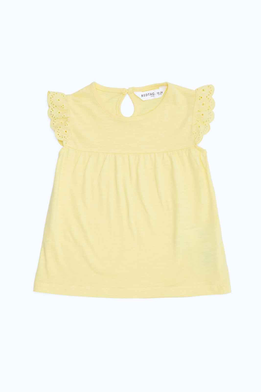 Redtag-Girls-Turquoise-Solid-Schifli-Frills-Sleeves-Blouse-Category:Blouses,-Colour:Teal,-Deals:New-In,-Dept:Girls,-Filter:Infant-Girls-(3-to-24-Mths),-ING-Blouses,-New-In-ING-APL,-Non-Sale,-S23B,-Section:Girls-(0-to-14Yrs),-VLM-Infant-Girls-3 to 24 Months