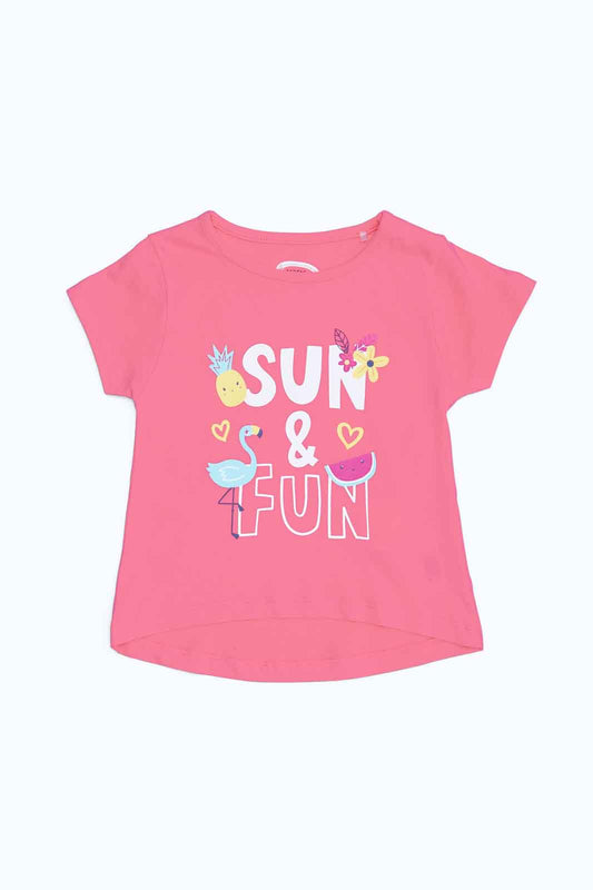 Redtag-Girls-Pink-Summer-Time-Print-T-Shirt-Category:T-Shirts,-Colour:Apricot,-Deals:New-In,-Dept:Girls,-Filter:Infant-Girls-(3-to-24-Mths),-ING-T-Shirts,-New-In-ING-APL,-Non-Sale,-S23B,-Section:Girls-(0-to-14Yrs),-TBL-Infant-Girls-3 to 24 Months