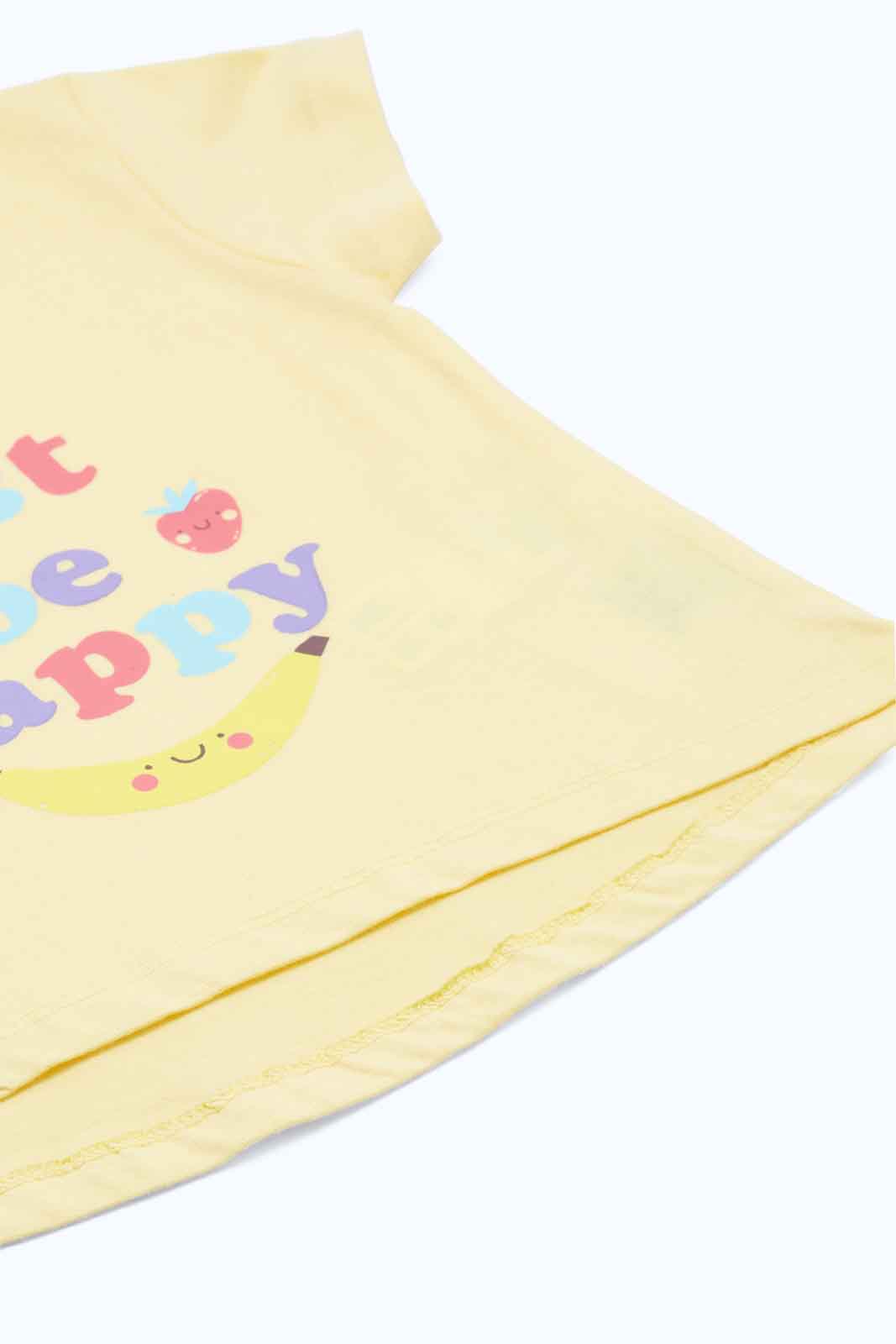 Redtag-Girls-Yellow-Just-Be-Happy-T-Shirt-Category:T-Shirts,-Colour:Yellow,-Deals:New-In,-Dept:Girls,-Filter:Infant-Girls-(3-to-24-Mths),-ING-T-Shirts,-New-In-ING-APL,-Non-Sale,-S23B,-Section:Girls-(0-to-14Yrs),-TBL-Infant-Girls-3 to 24 Months
