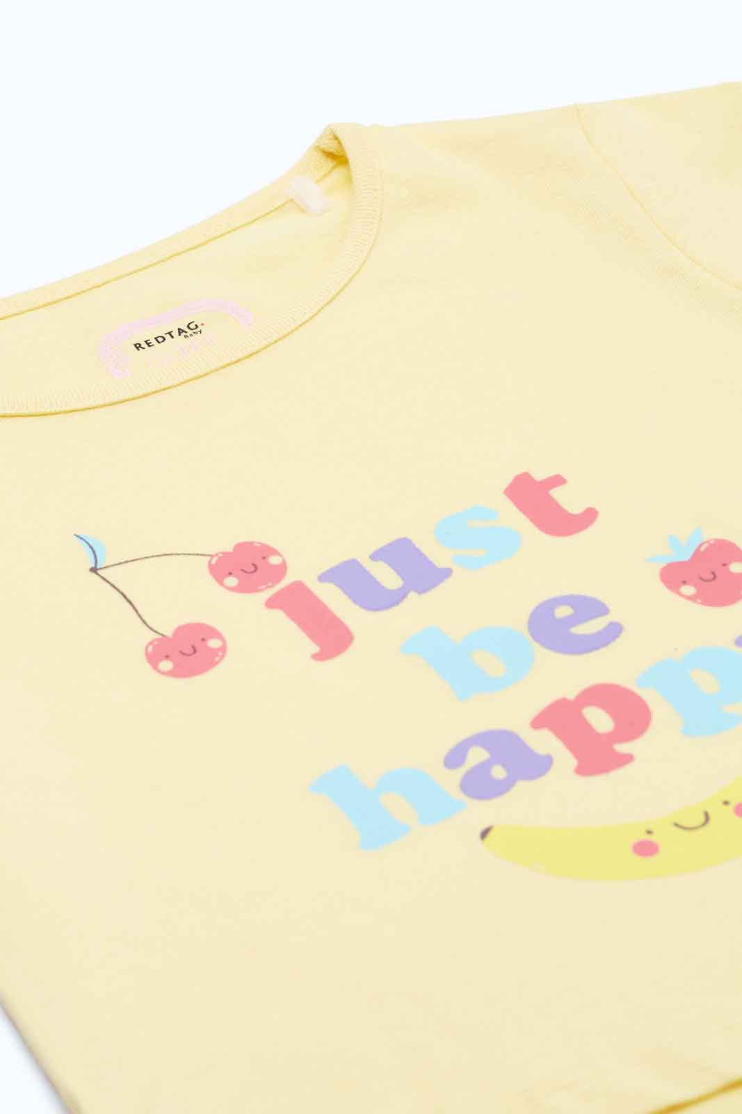 Redtag-Girls-Yellow-Just-Be-Happy-T-Shirt-Category:T-Shirts,-Colour:Yellow,-Deals:New-In,-Dept:Girls,-Filter:Infant-Girls-(3-to-24-Mths),-ING-T-Shirts,-New-In-ING-APL,-Non-Sale,-S23B,-Section:Girls-(0-to-14Yrs),-TBL-Infant-Girls-3 to 24 Months