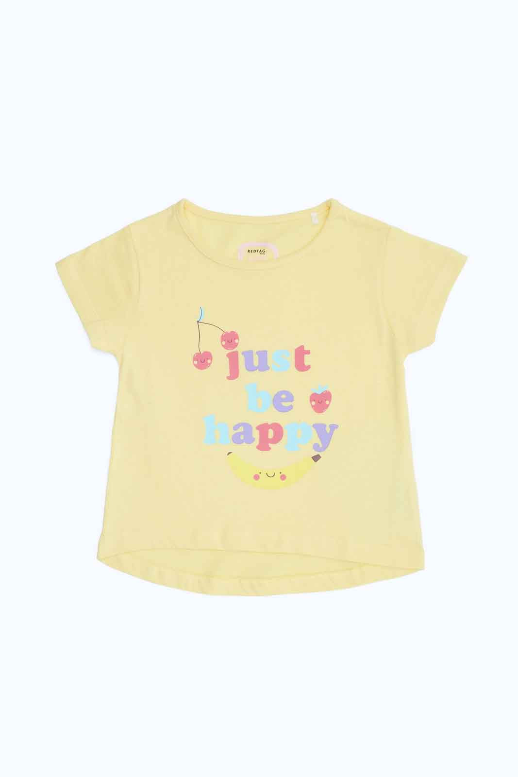 Redtag-Girls-Yellow-Just-Be-Happy-T-Shirt-Category:T-Shirts,-Colour:Yellow,-Deals:New-In,-Dept:Girls,-Filter:Infant-Girls-(3-to-24-Mths),-ING-T-Shirts,-New-In-ING-APL,-Non-Sale,-S23B,-Section:Girls-(0-to-14Yrs),-TBL-Infant-Girls-3 to 24 Months