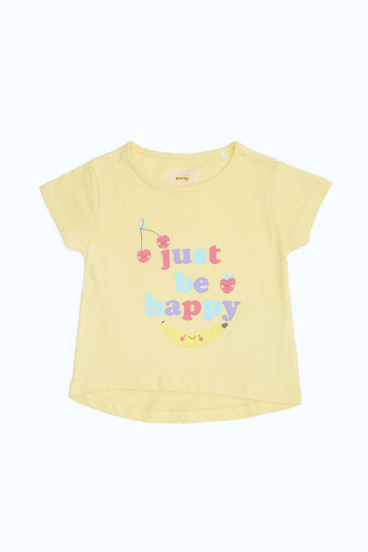 Redtag-Girls-Yellow-Just-Be-Happy-T-Shirt-Category:T-Shirts,-Colour:Yellow,-Deals:New-In,-Dept:Girls,-Filter:Infant-Girls-(3-to-24-Mths),-ING-T-Shirts,-New-In-ING-APL,-Non-Sale,-S23B,-Section:Girls-(0-to-14Yrs),-TBL-Infant-Girls-3 to 24 Months