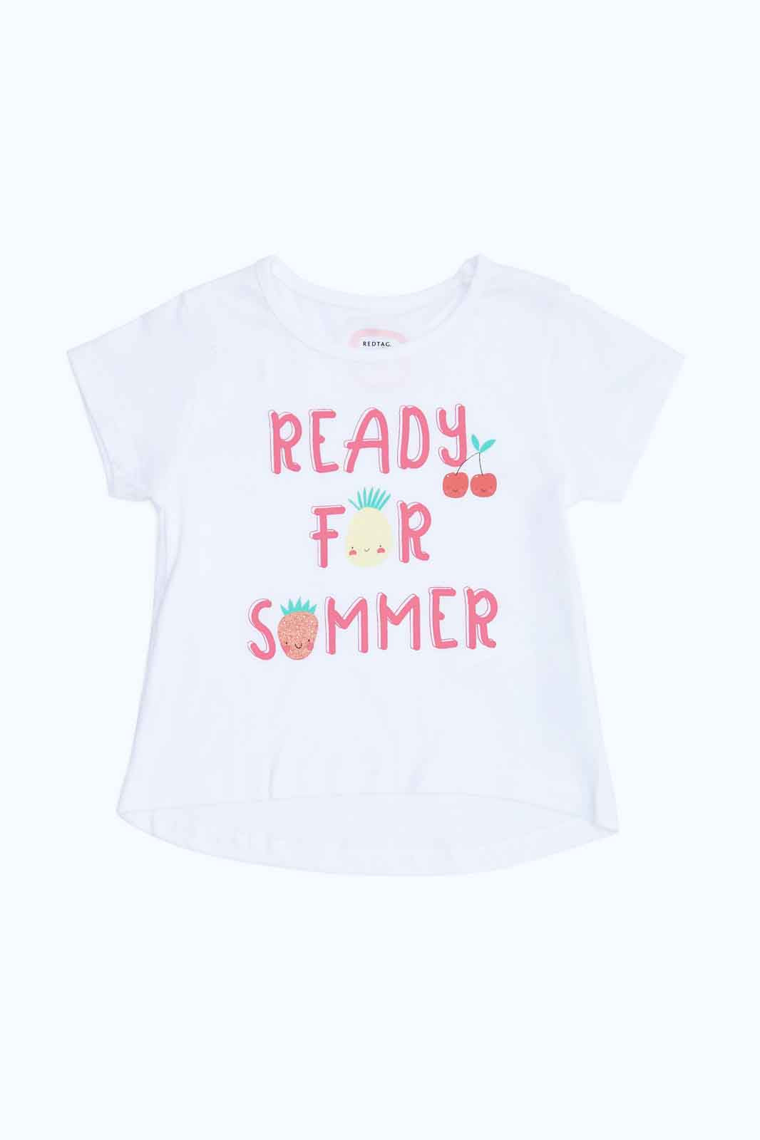 Redtag-Girls-White-Ready-For-Summer-T-Shirt-Category:T-Shirts,-Colour:White,-Deals:New-In,-Dept:Girls,-Filter:Infant-Girls-(3-to-24-Mths),-ING-T-Shirts,-New-In-ING-APL,-Non-Sale,-S23B,-Section:Girls-(0-to-14Yrs),-TBL-Infant-Girls-3 to 24 Months