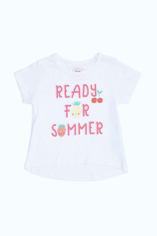 Redtag-Girls-White-Ready-For-Summer-T-Shirt-Category:T-Shirts,-Colour:White,-Deals:New-In,-Dept:Girls,-Filter:Infant-Girls-(3-to-24-Mths),-ING-T-Shirts,-New-In-ING-APL,-Non-Sale,-S23B,-Section:Girls-(0-to-14Yrs),-TBL-Infant-Girls-3 to 24 Months