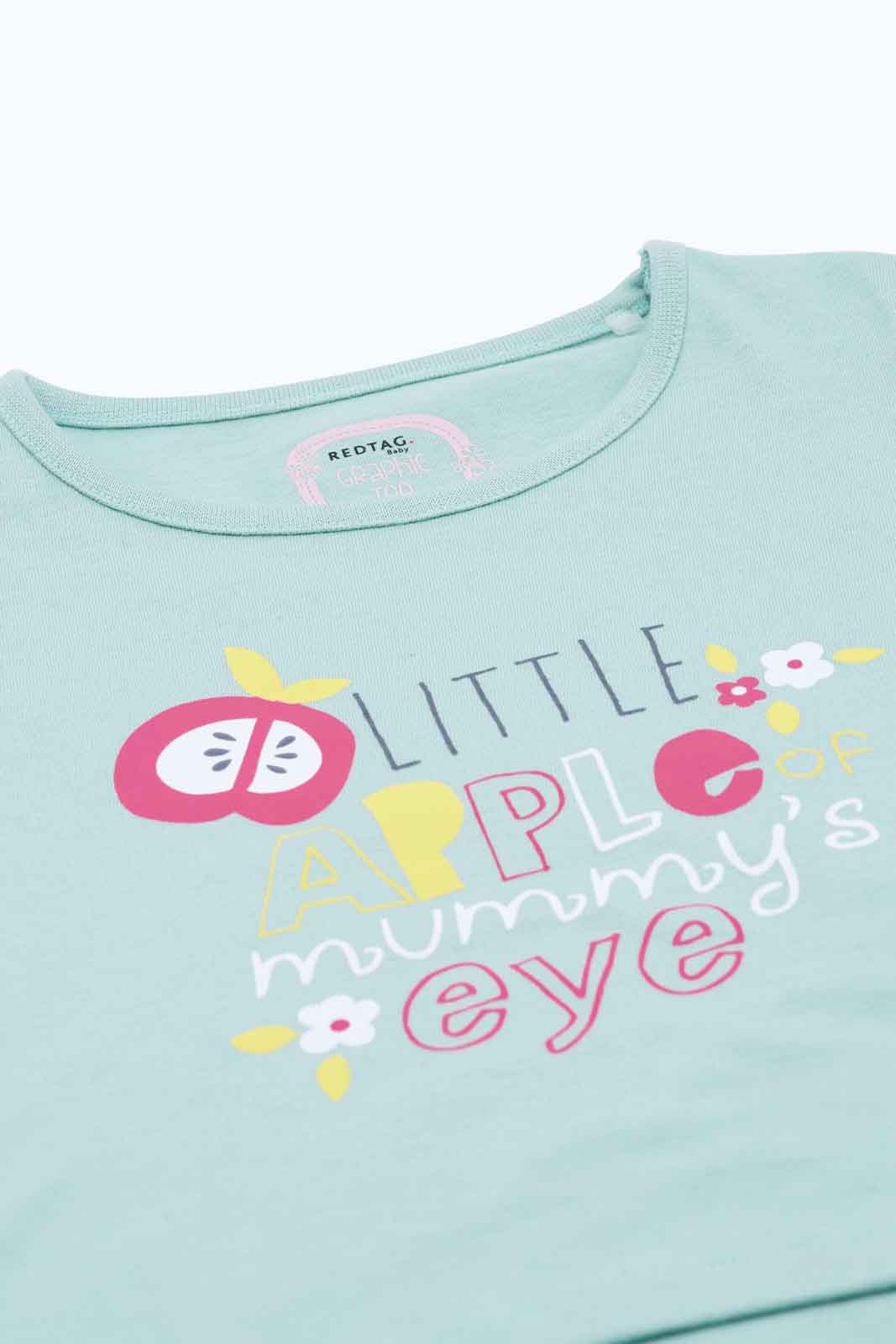 Redtag-Girls-Mint-Placement-Print-T-Shirt-Category:T-Shirts,-Colour:Mint,-Deals:New-In,-Dept:Girls,-Filter:Infant-Girls-(3-to-24-Mths),-ING-T-Shirts,-New-In-ING-APL,-Non-Sale,-S23B,-Section:Girls-(0-to-14Yrs),-TBL-Infant-Girls-3 to 24 Months