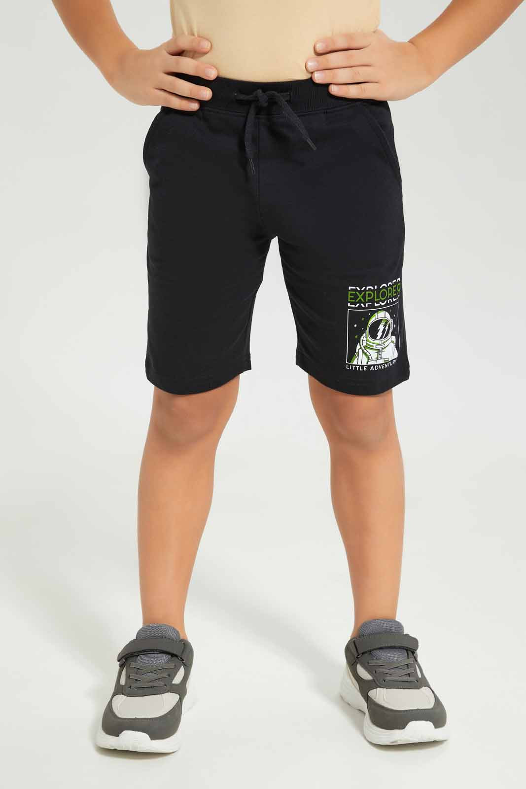 Redtag-Boys-Black-Shorts-With-Print-BOY-Shorts,-Category:Shorts,-Colour:Black,-Deals:New-In,-Dept:Boys,-Filter:Boys-(2-to-8-Yrs),-New-In-BOY-APL,-Non-Sale,-S23B,-Section:Boys-(0-to-14Yrs),-TBL-Boys-2 to 8 Years